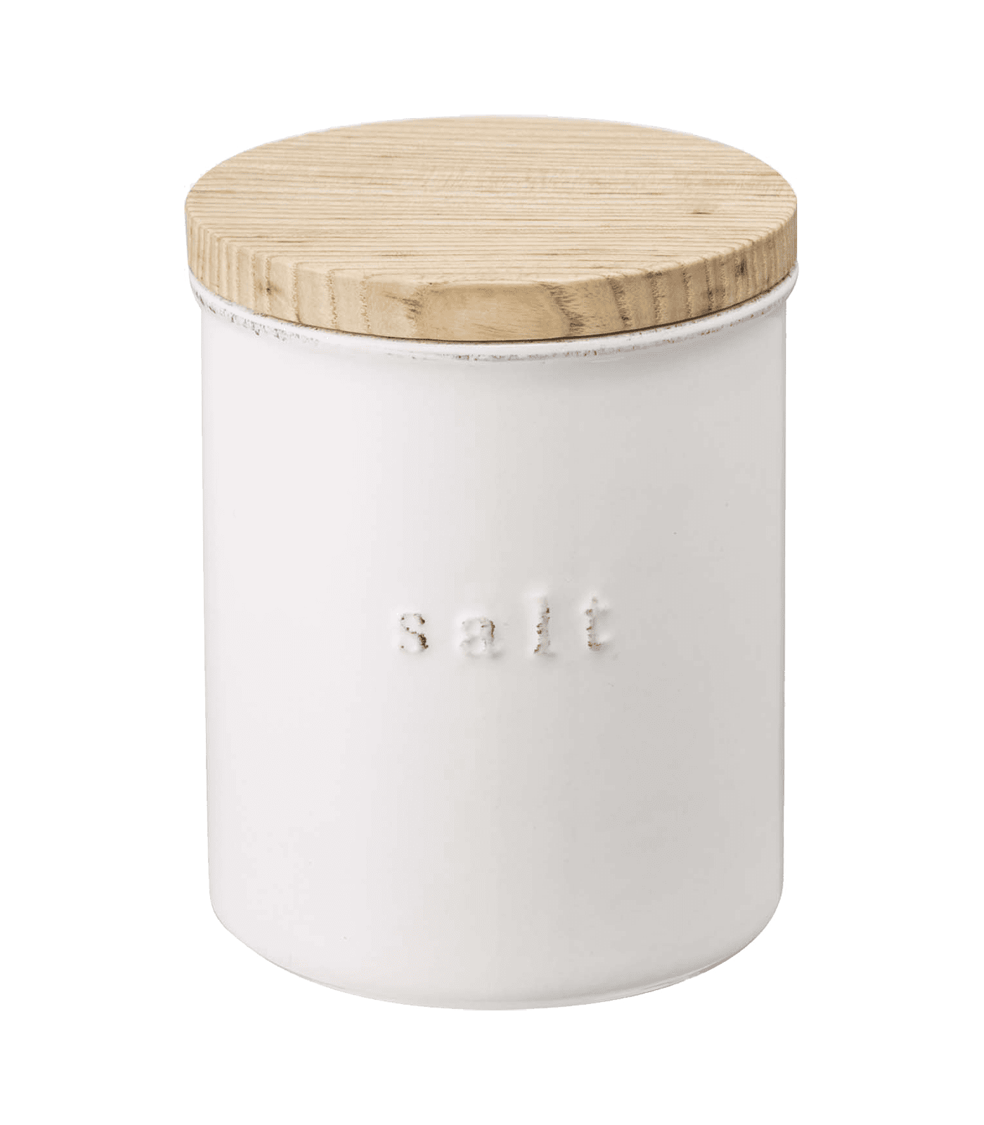 White Ceramic Salt Canister with Wooden Lid