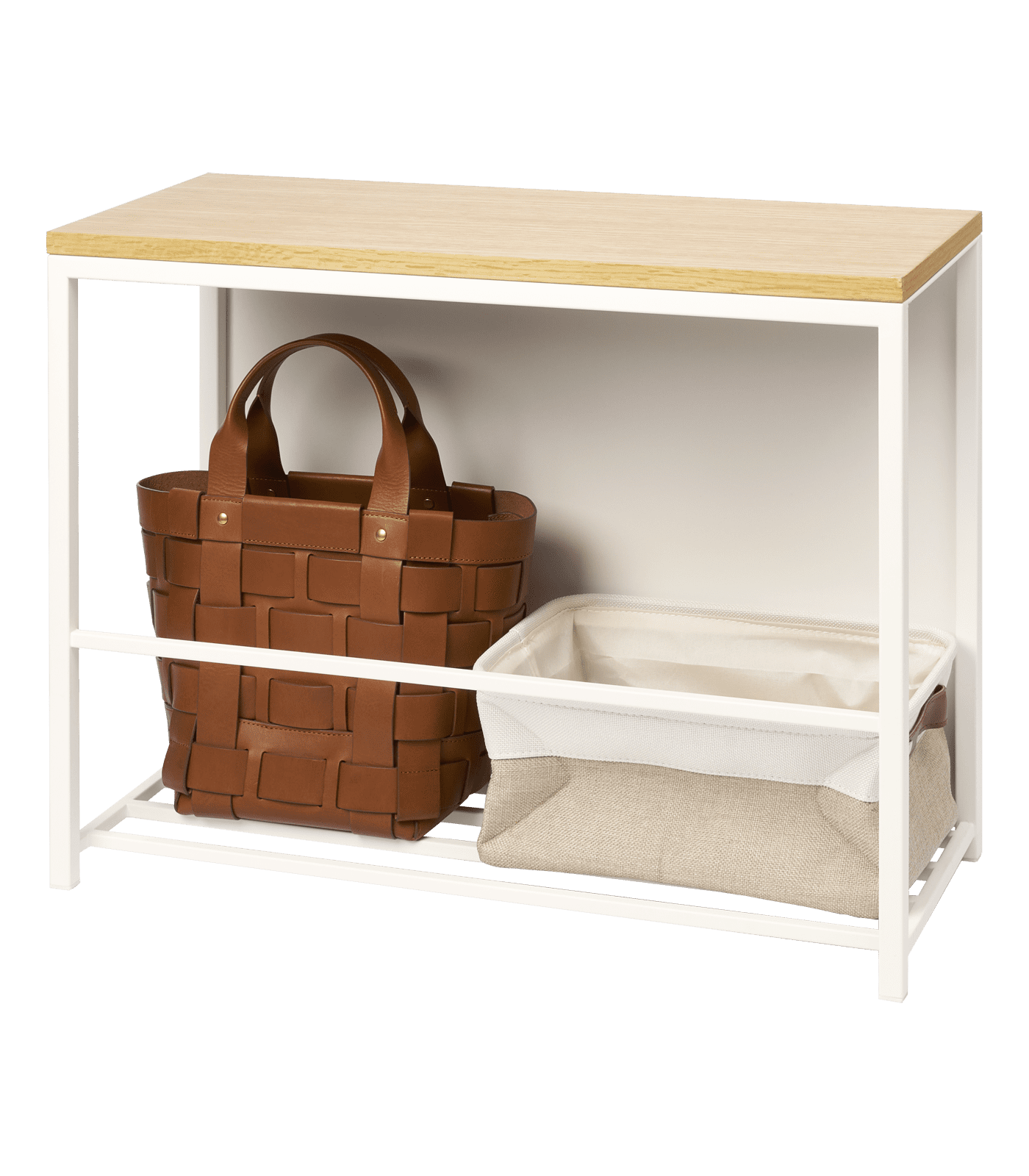 White Steel and Wood Entryway Storage Bench with Concealed Shelf