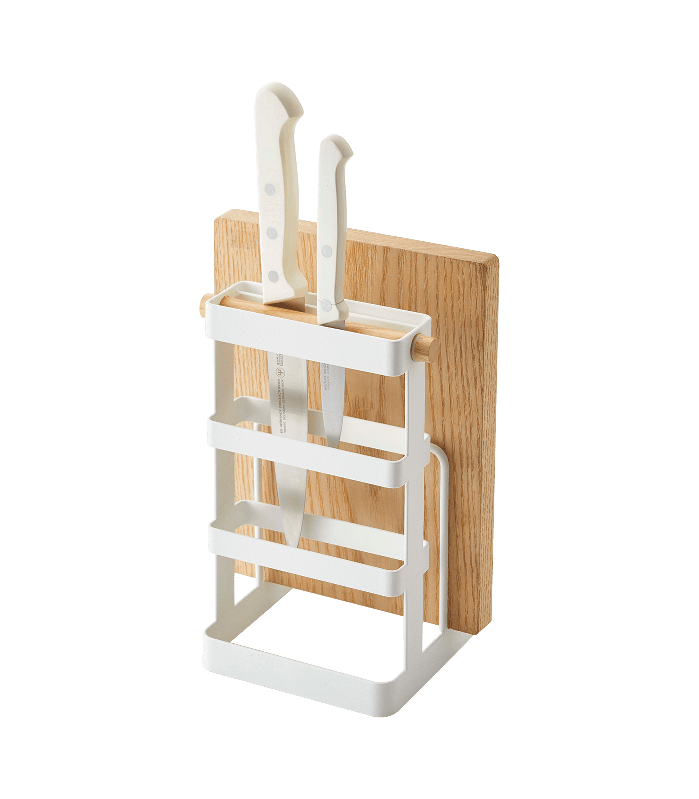 White Steel and Wood Countertop Knife and Cutting Board Organizer