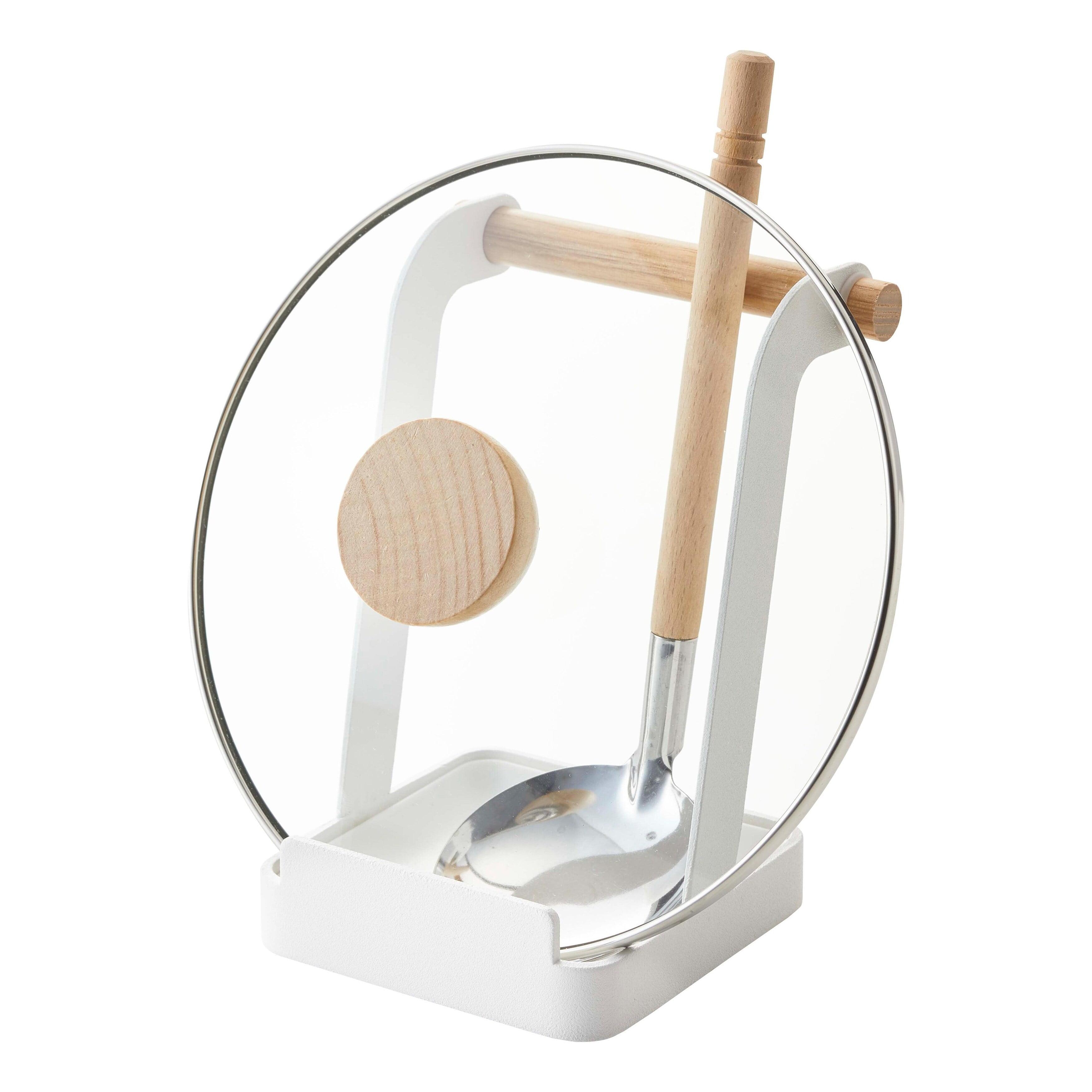 Compact White Wood Ladle and Lid Stand