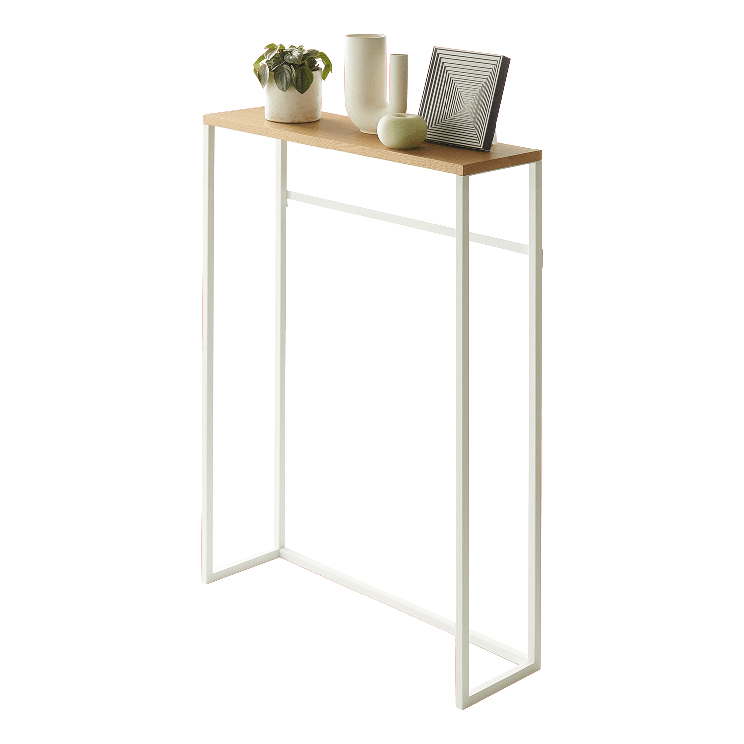 Slim White Metal & Wood Console Table with Storage Hooks