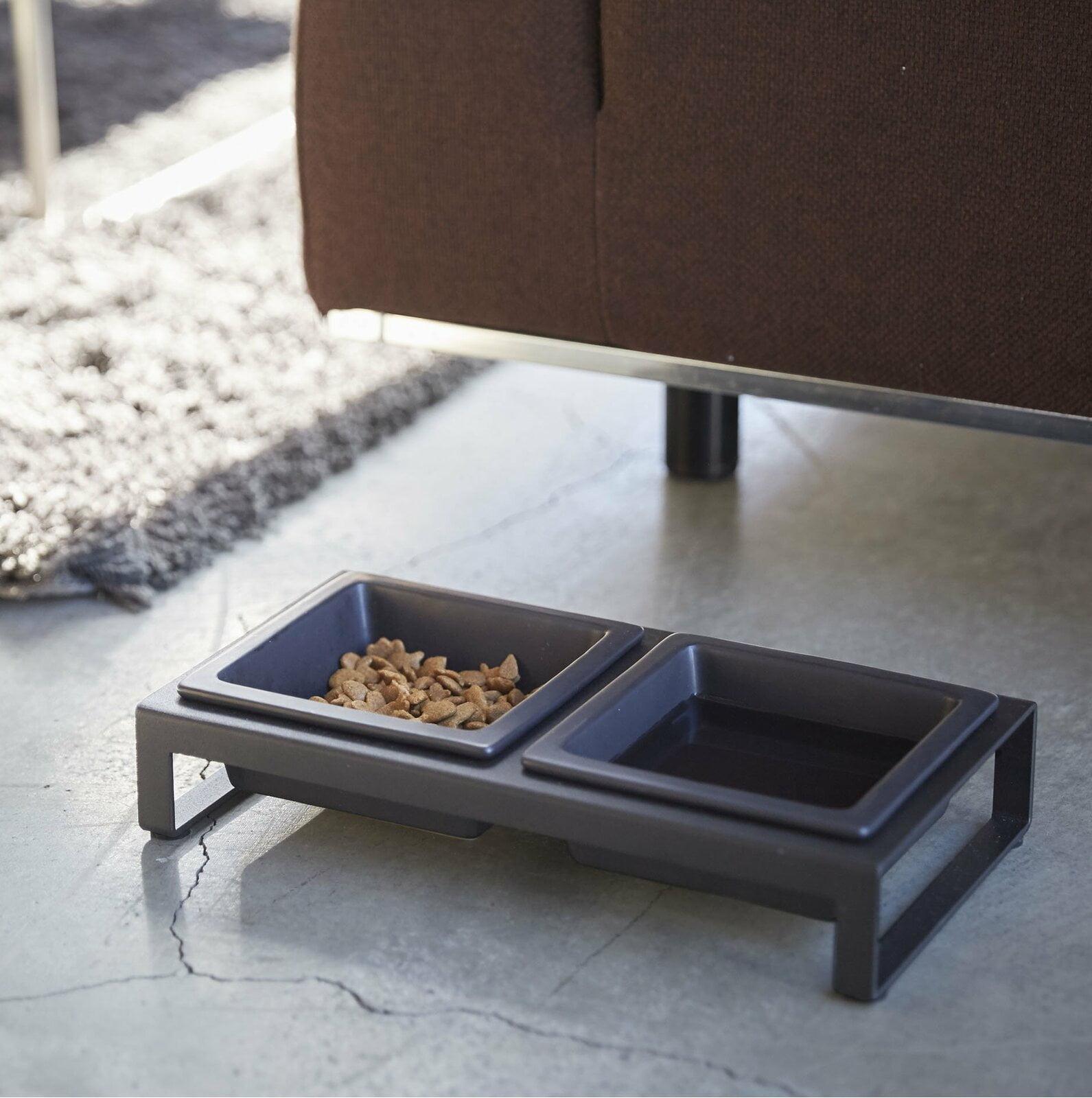 Black Steel and Ceramic Elevated Pet Food Stand with Two Bowls