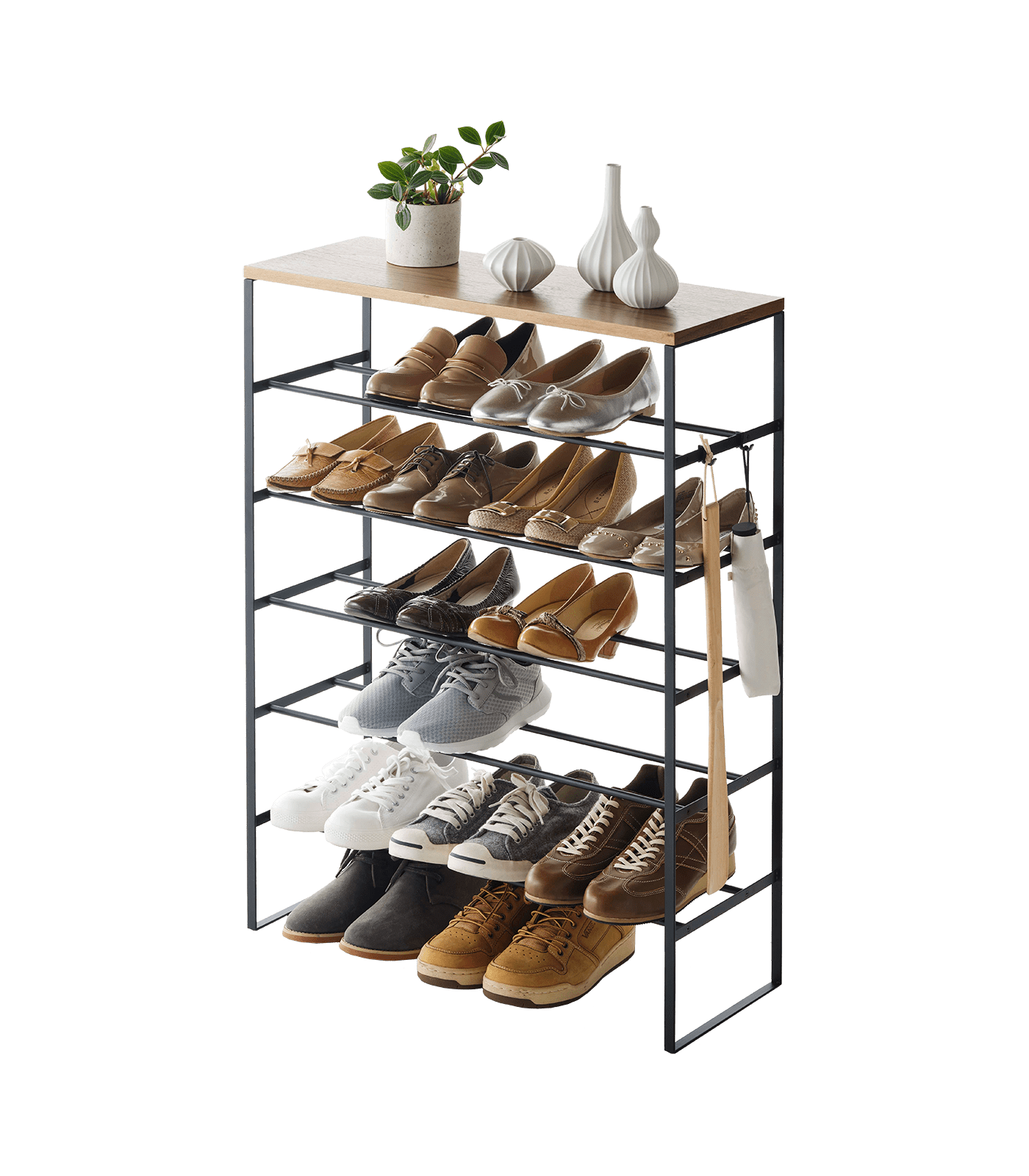 Sleek 6-Tier Black Metal Shoe Rack with Wood Top