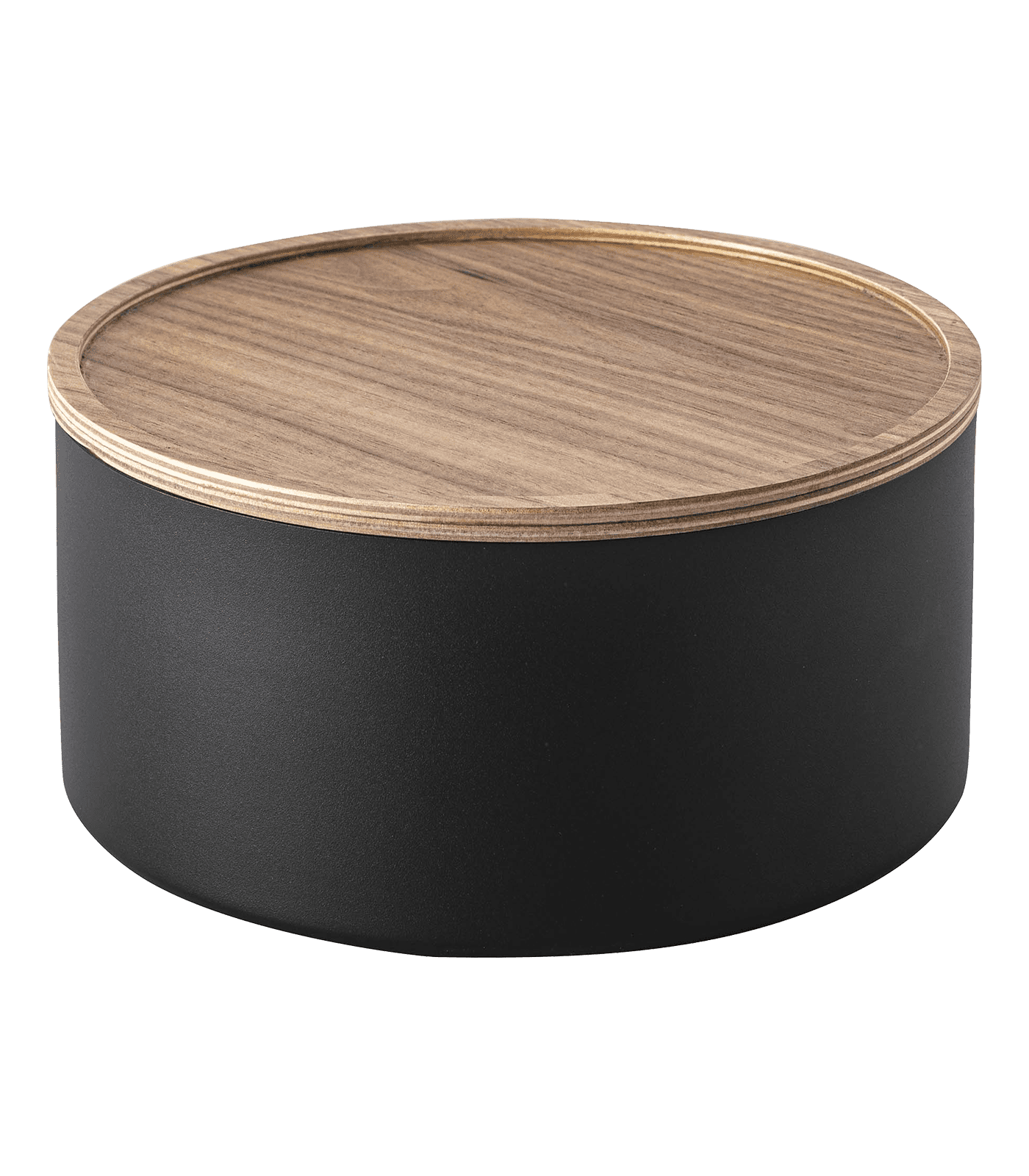 Scandinavian Black Steel Round Storage Bin with Medium Wood Lid