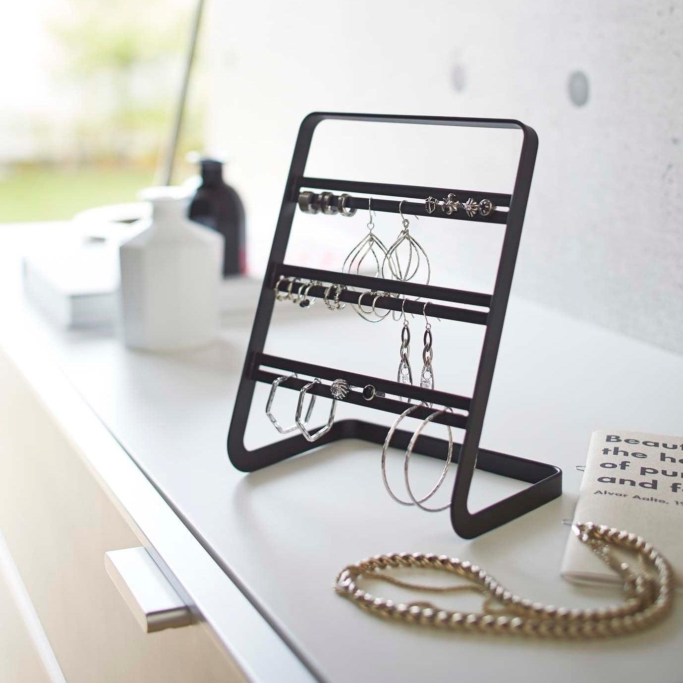 Compact Black Powder Coated Metal Earring Stand with 3 Levels