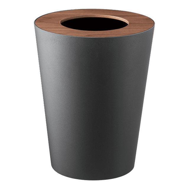 Rin Yamazaki Home Round Trash Can, 1.85 gallon Wastebasket Bathroom Kitchen Office, Steel + Wood