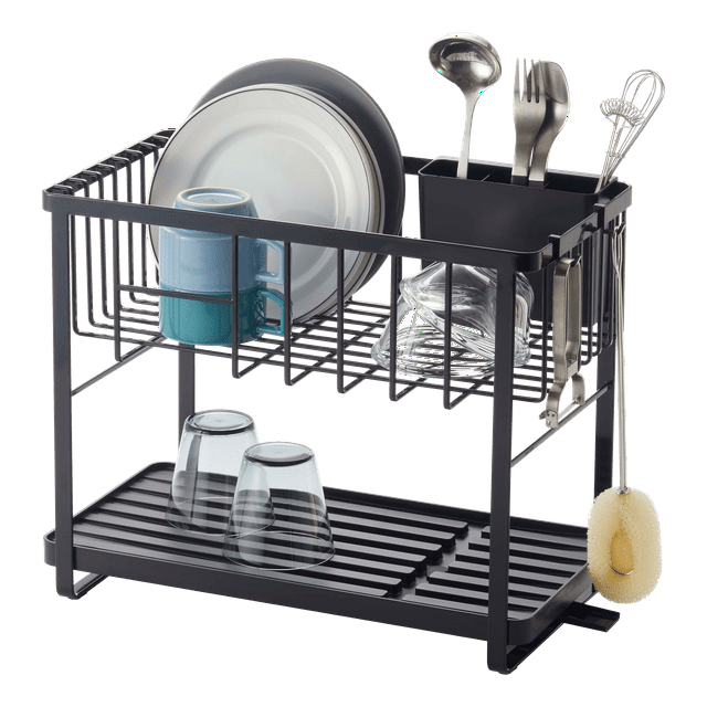Tower Yamazaki Home Two-Tier Adjustable Dish Drainer Rack, Utensils Holder, Steel, Draining Spout