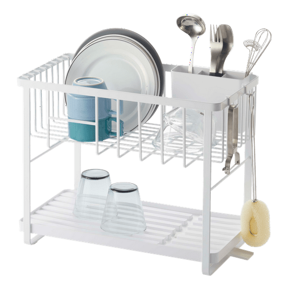 Tower Yamazaki Home Two-Tier Adjustable Dish Drainer Rack, Utensils Holder, Steel, Draining Spout