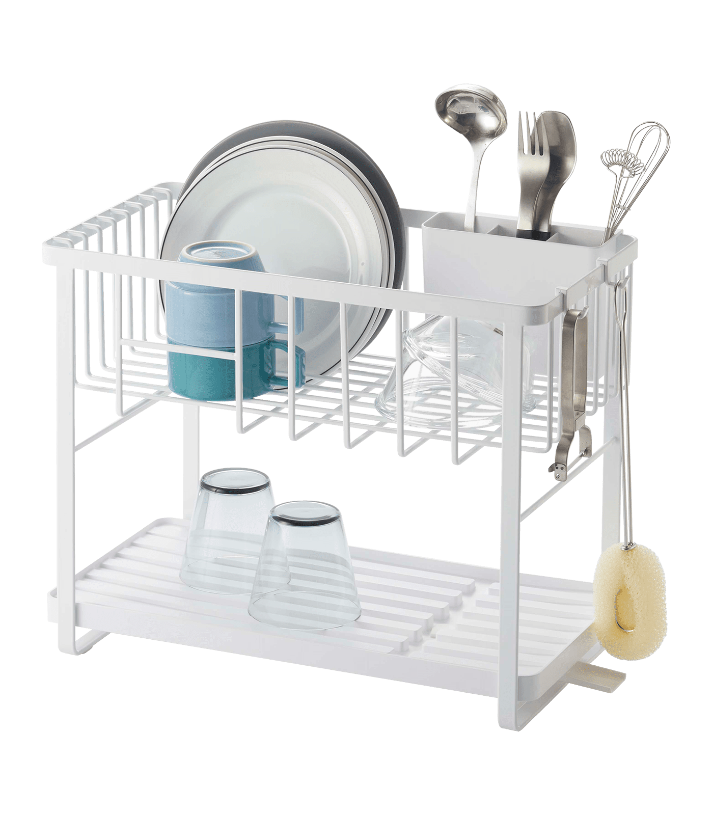 White Two-Tier Metal Dish Rack with Utensil Holder