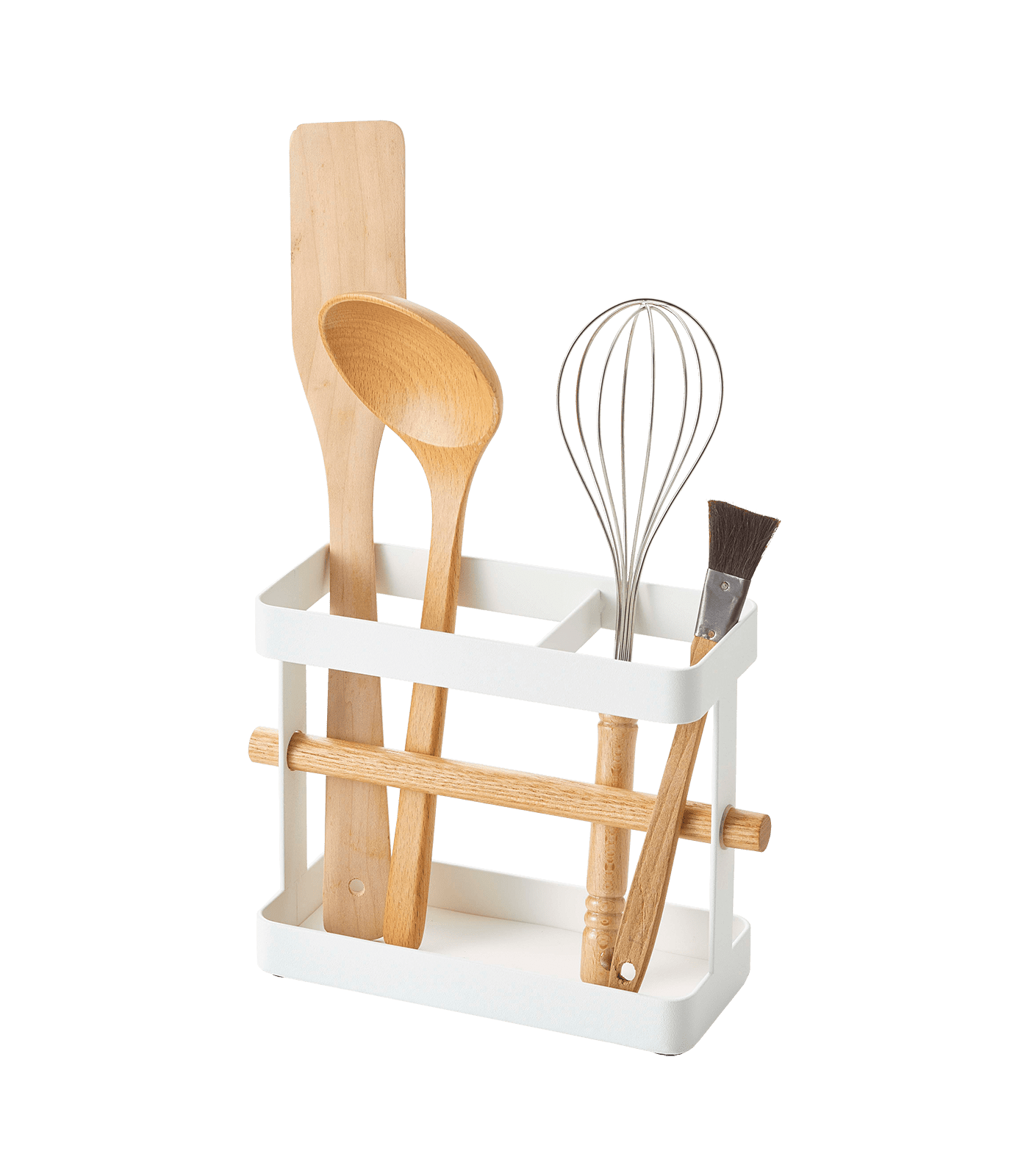 White Stainless Steel Kitchen Utensil Caddy with Wood Accents