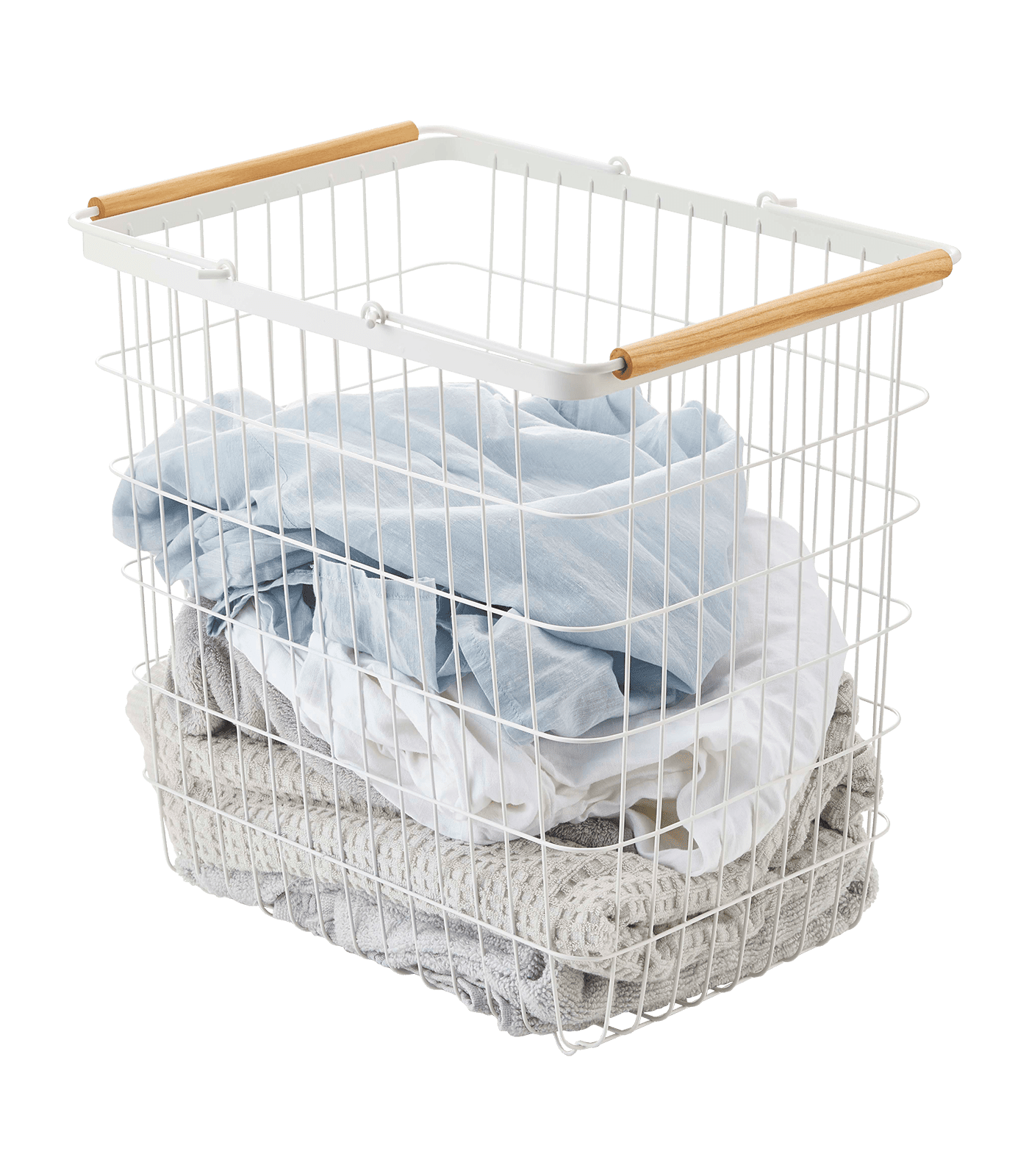 Scandinavian White Steel Collapsible Hamper with Ash Wood Handles and Wheels