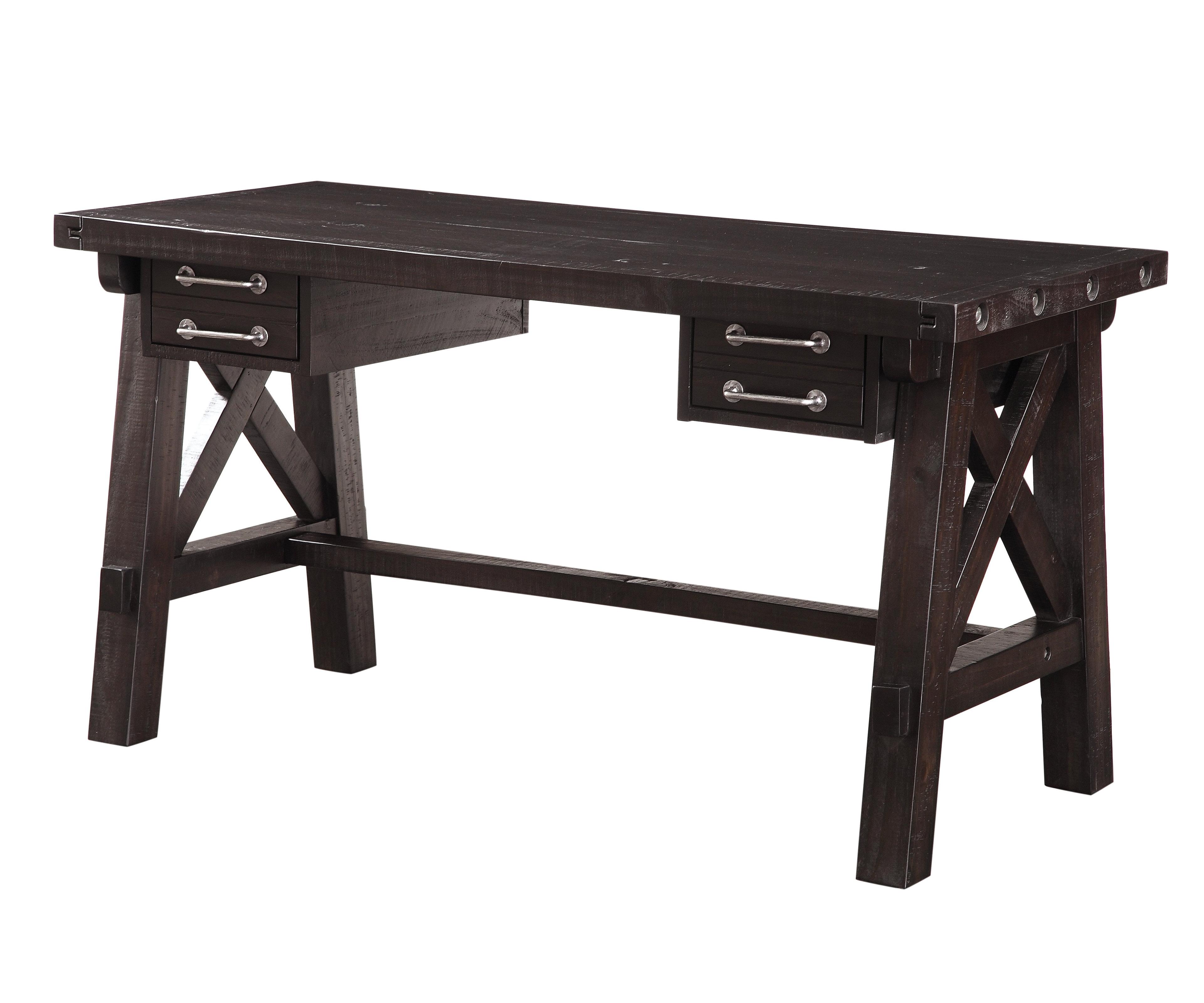 Rustic Black Pine Solid Wood Desk with Dual Drawers