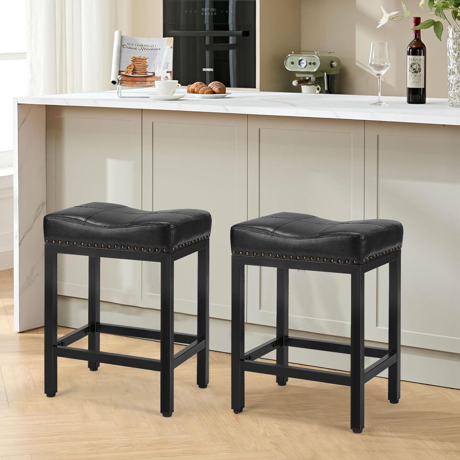 edx Bar Stools Set of 2, Modern Counter Height, 24 Inch Kitchen Barstools with Metal Base, PU Leather Saddle Seats for Kitchen Island, Black