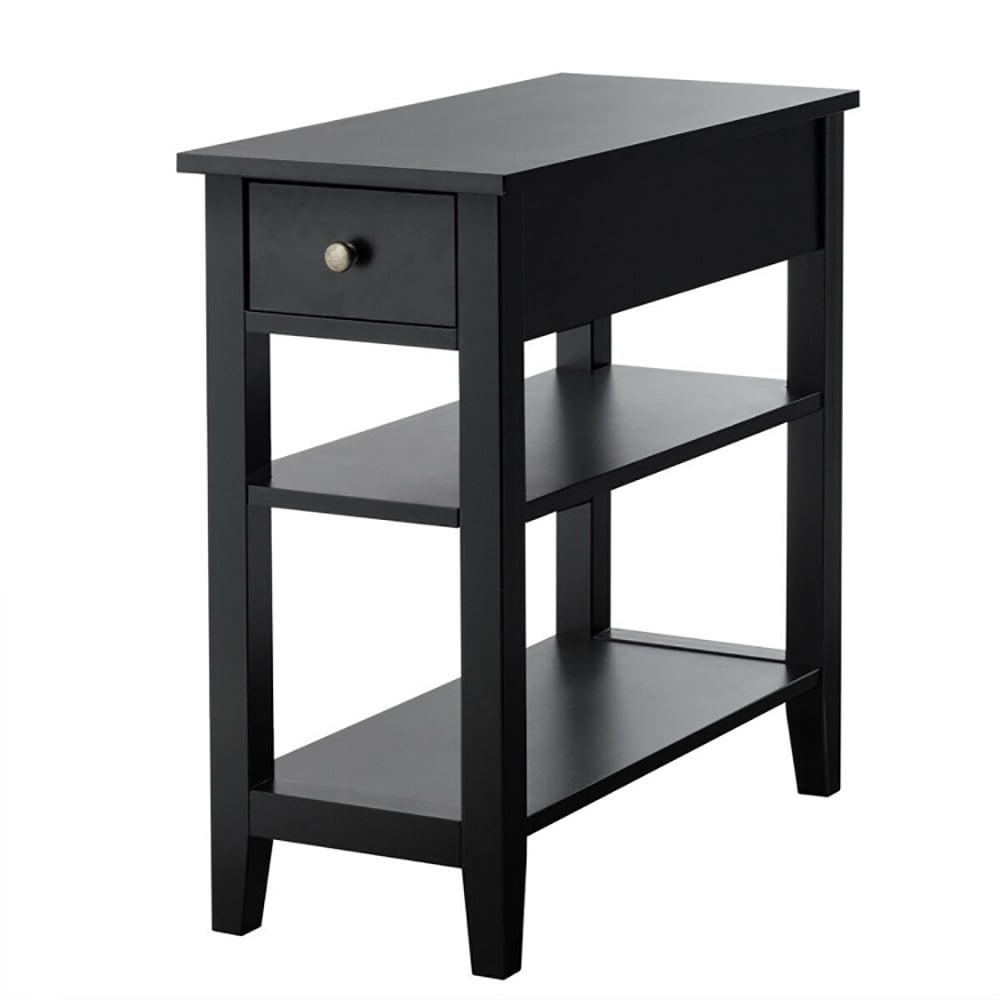 3Tier Nightstand Bedside Table Sofa Side End Table w/Double Shelves Drawer Black