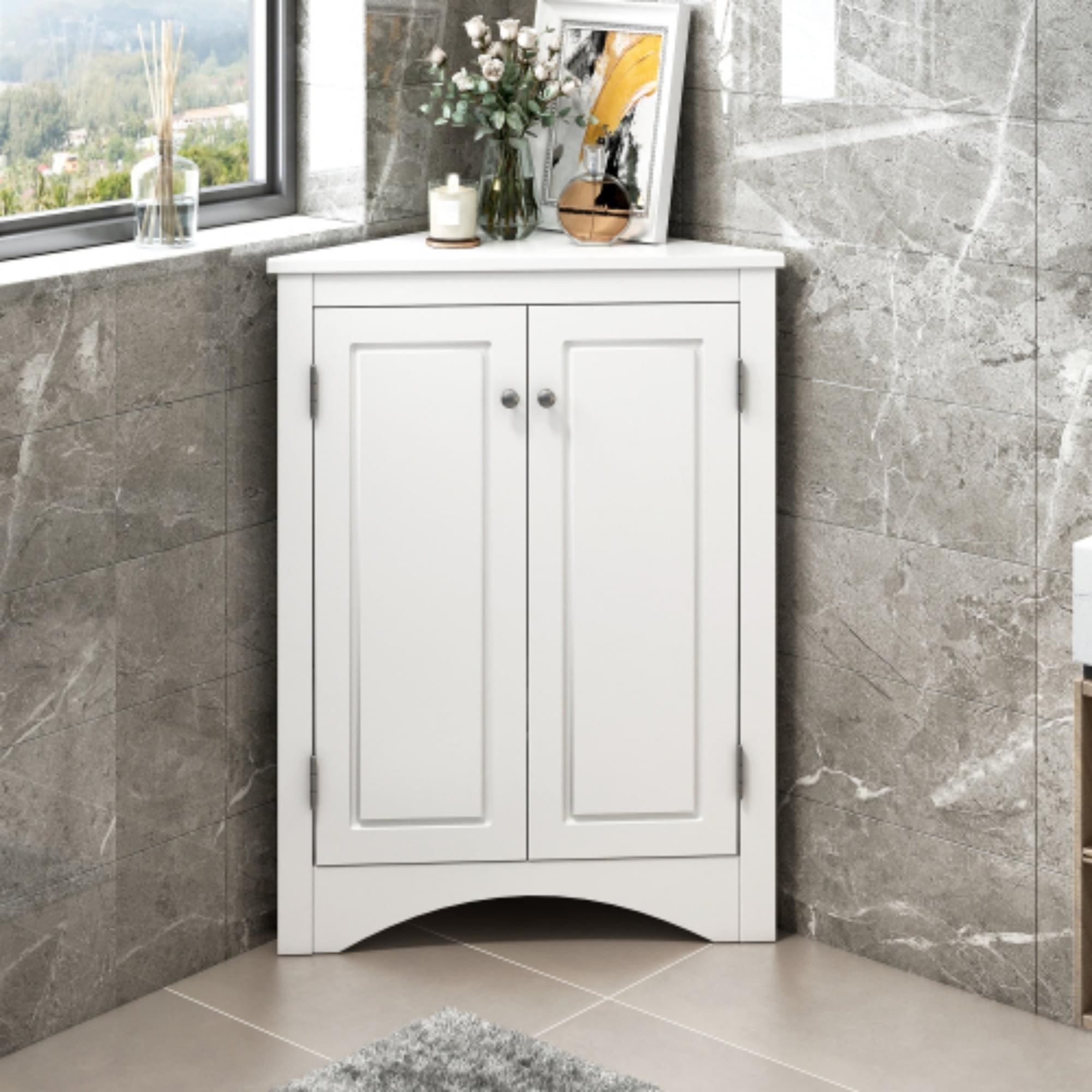 Yardmaster Bathroom Storage Cabinet, Corner Cabinet with 2 Doors and Adjustable Shelves, Freestanding Corner Storage Cabinet for Bathroom, Kitchen, Living Room, White