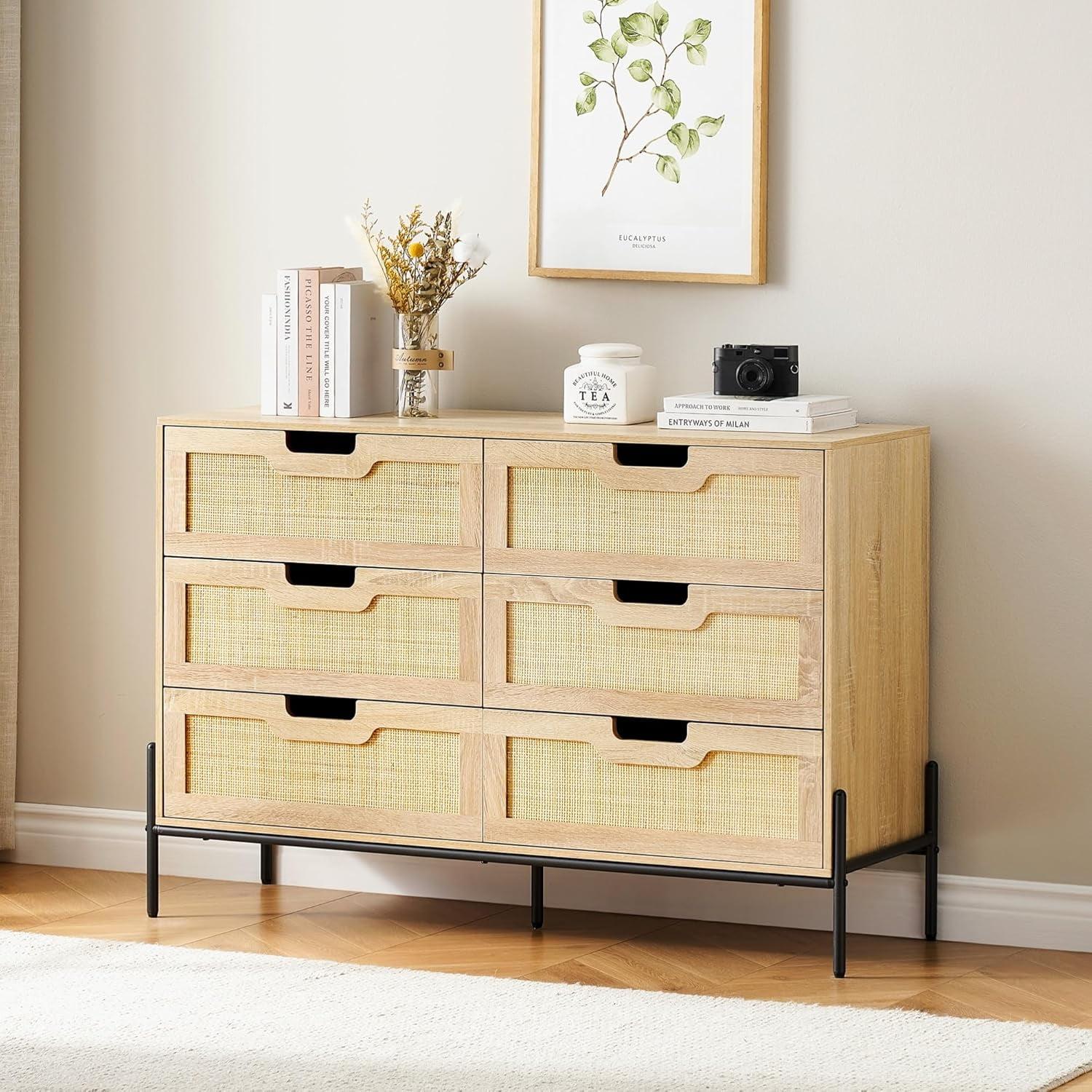 WhizMax Dresser for Bedroom 6 Drawer, Rattan Dresser with 6 Drawers, Wood Chest of Drawers for Closet, Dresser Organizer for Bedroom, Living Room, Hallway, Entryway(Oak Color)