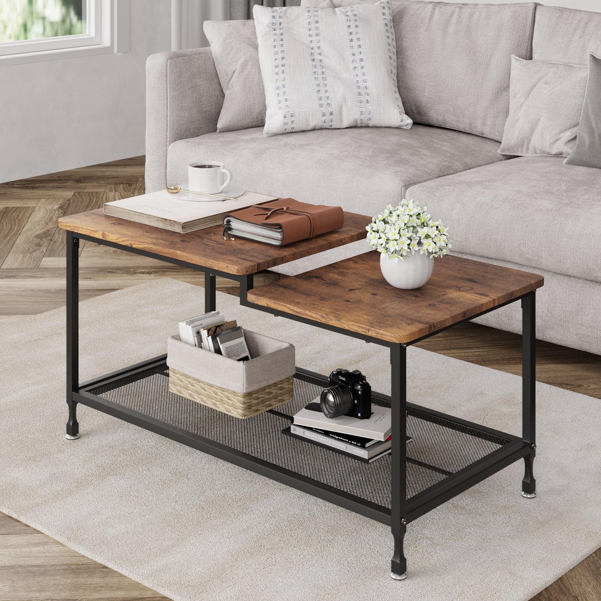 2-Tier Coffee Table with Mesh Shelf, Rustic Rectangle Center Table for Living Room, Storage Cocktail Table with Metal Frame, Easy to Assemble, Rustic Brown