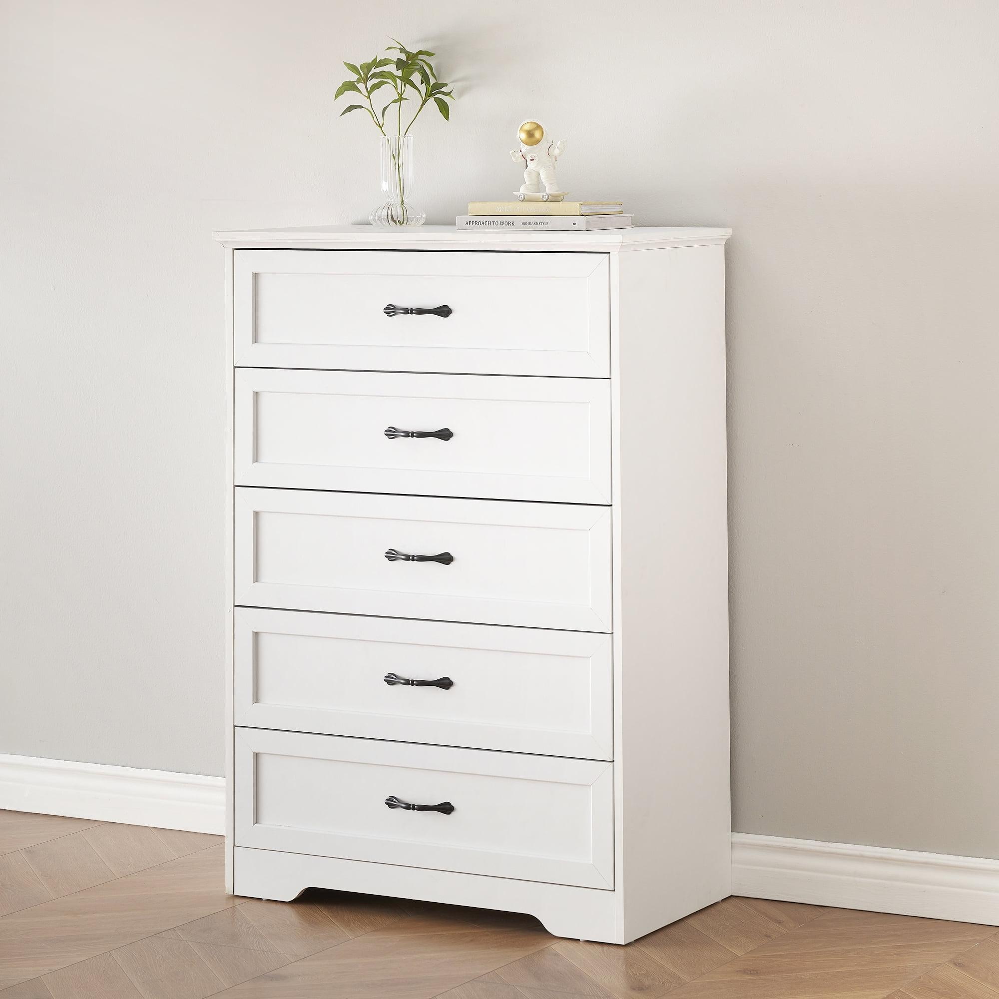 Yartaka Dresser for Bedroom with 5 Drawers, Tall Wood Drawer Dresser Chest of Drawers for Closet, Living Room, Hallway, Nursery, Kids Bedroom, White