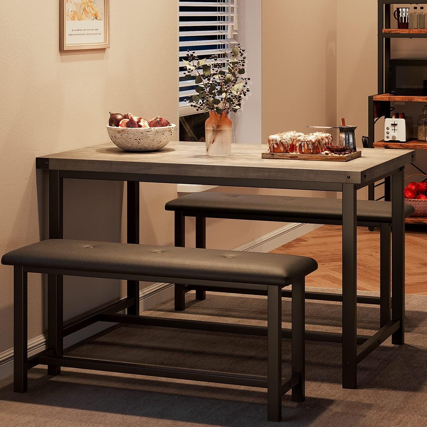 Retro Gray Farmhouse Dining Table Set with Upholstered Benches