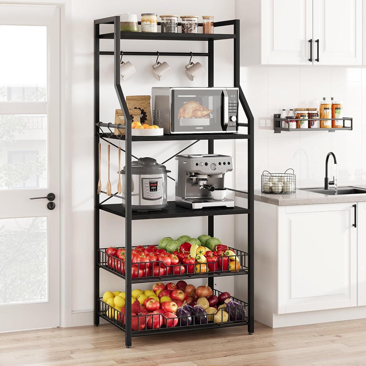 Black Metal and MDF 5-Tier Kitchen Bakers Rack with Wire Baskets