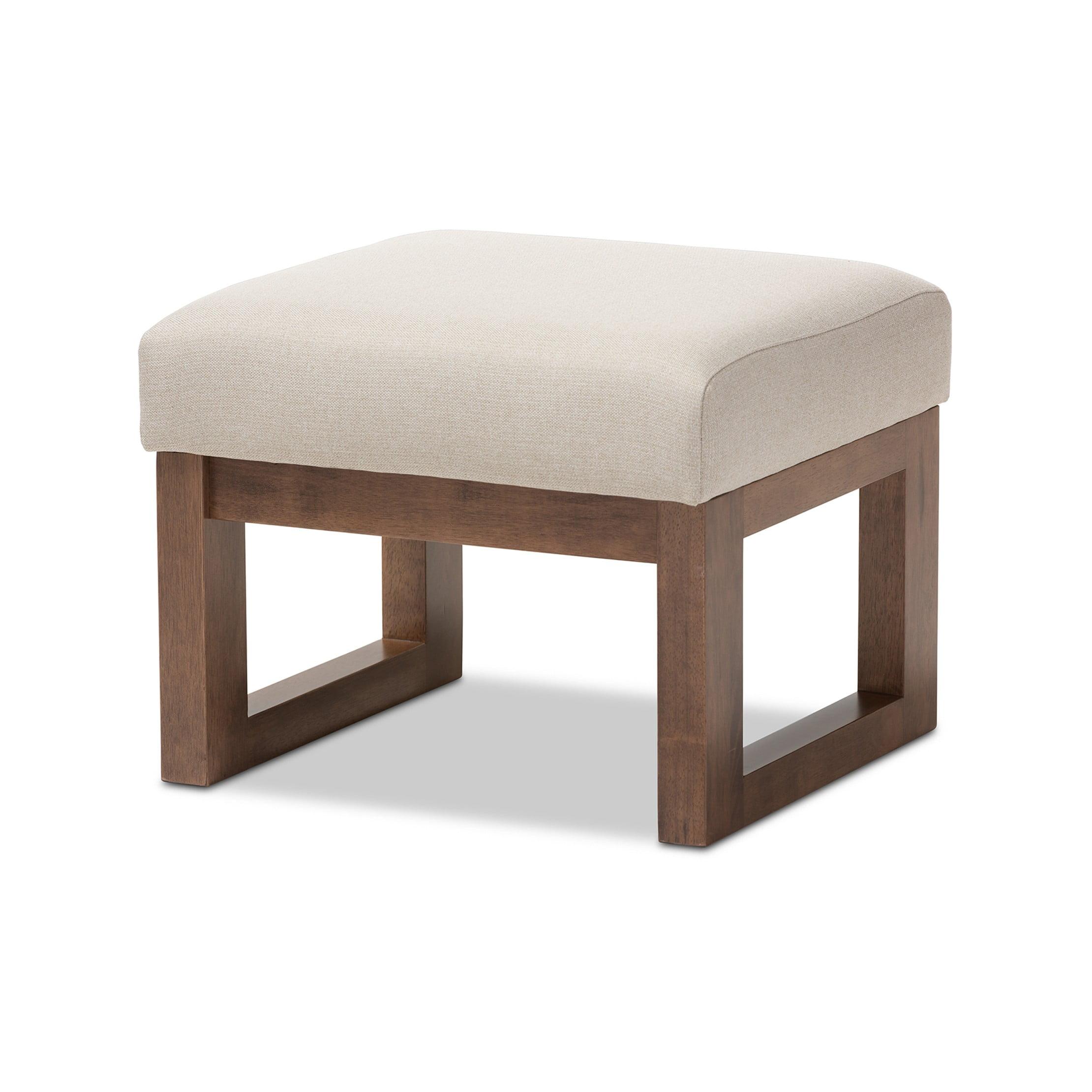 Yashiya Light Beige Fabric Upholstered Ottoman Stool with Walnut Wood Base