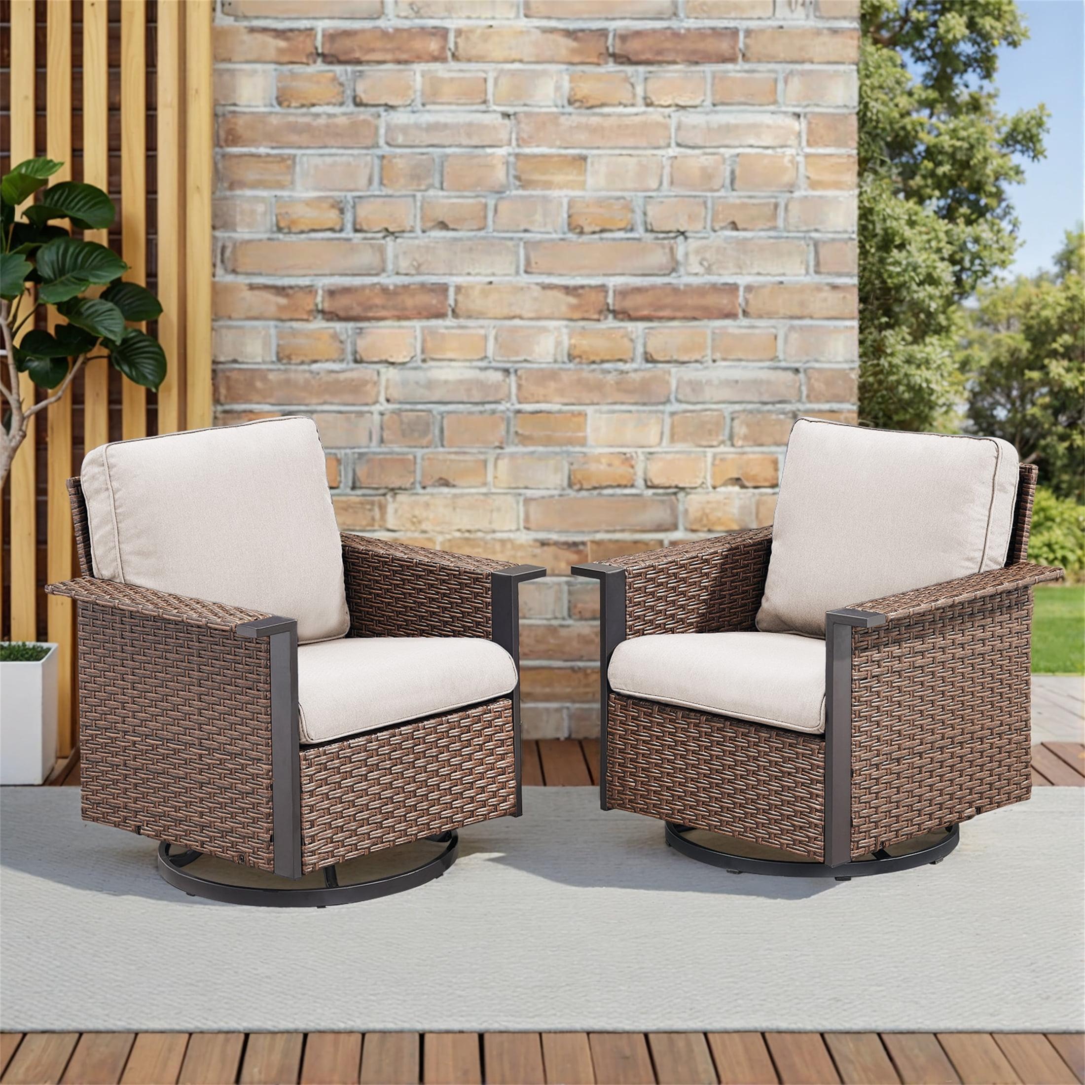 Beige Cushioned Brown Wicker Swivel Glider Armchairs