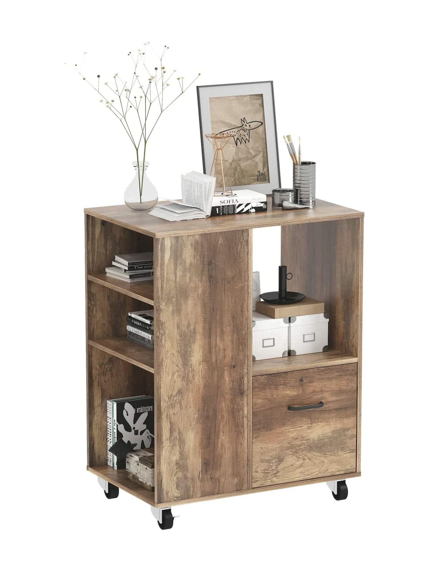 Mobile Brown Wood Office Storage Cabinet with Shelves and Drawer