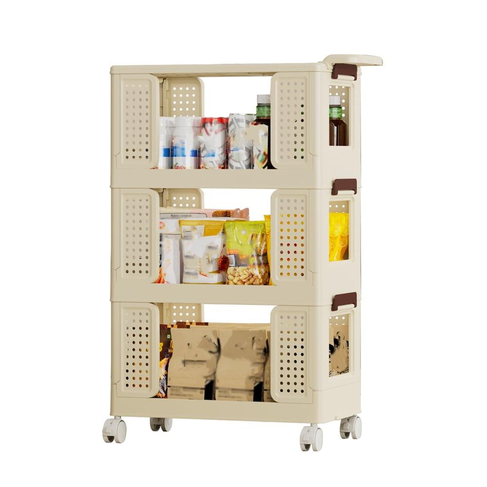 Cream 3-Tier Plastic Kitchen Storage Cart with Lockable Wheels