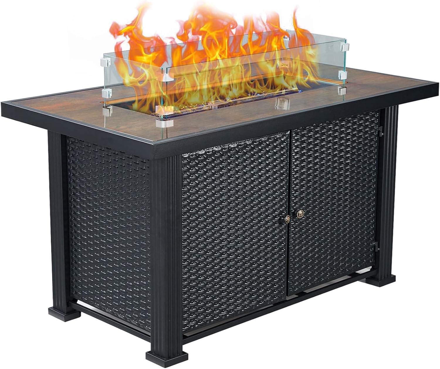 Black Steel and Rattan Propane Fire Pit Table with Glass Wind Guard