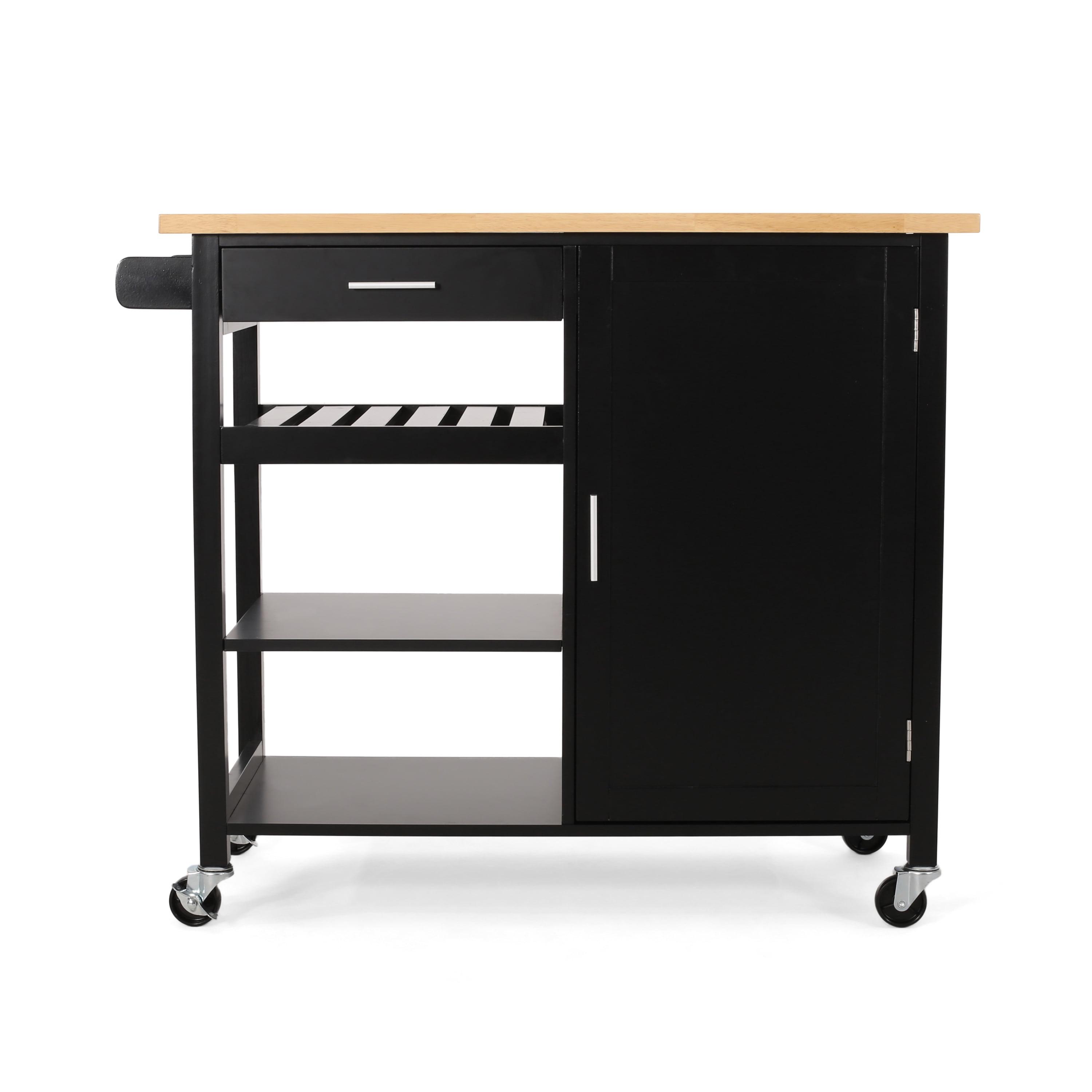 Noble House Trystin Rubberwood Kitchen Cart, Black, Natural