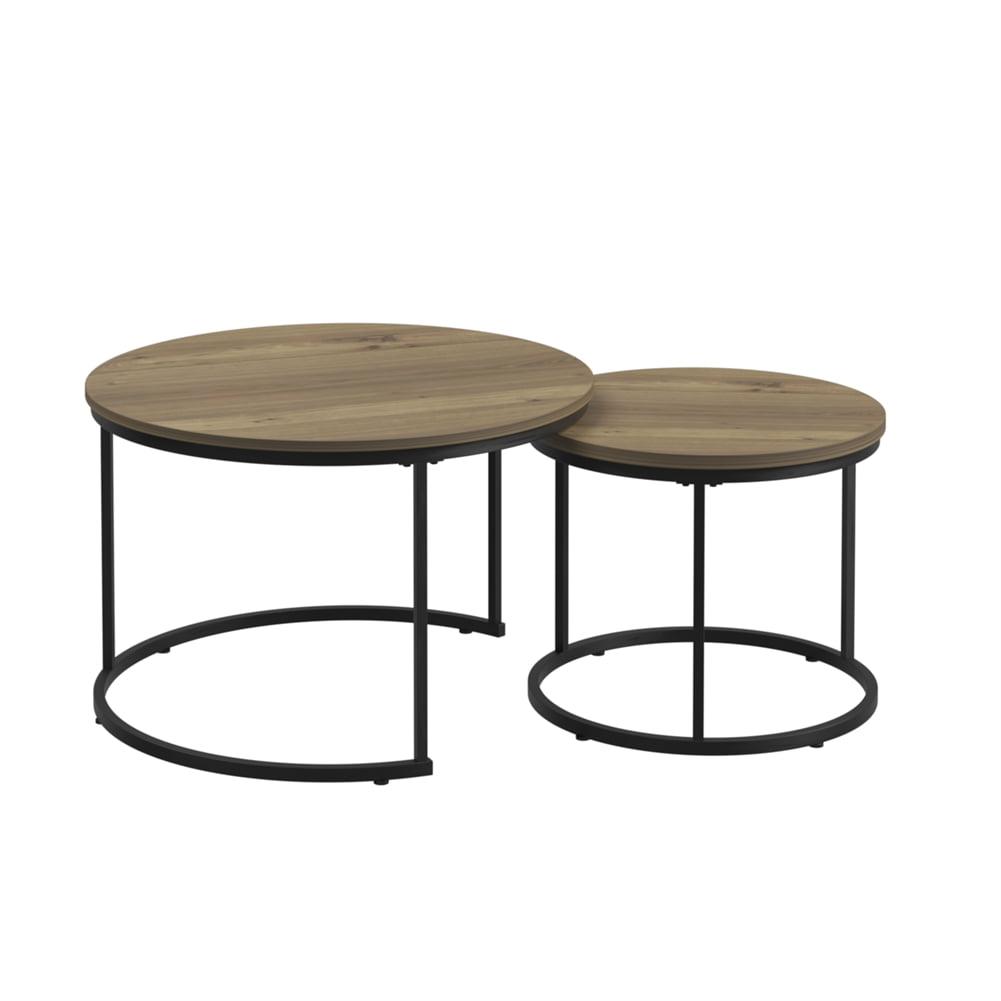 Brown Round Wood and Metal Nesting Coffee Table Set