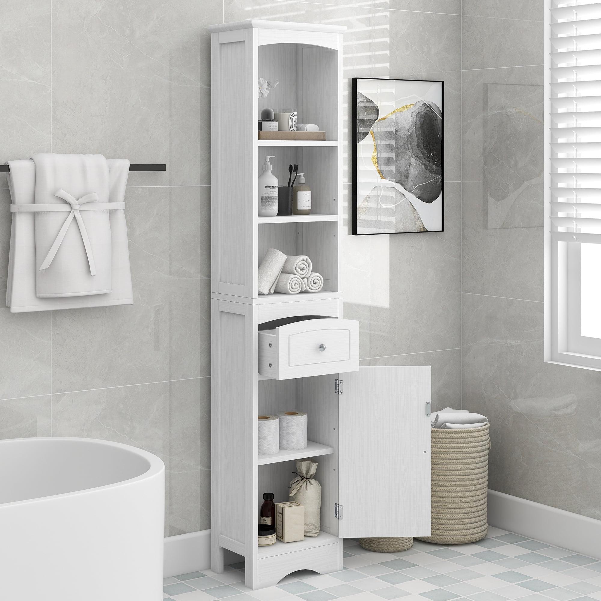 Tall White MDF Bathroom Cabinet with Adjustable Shelving and Drawer