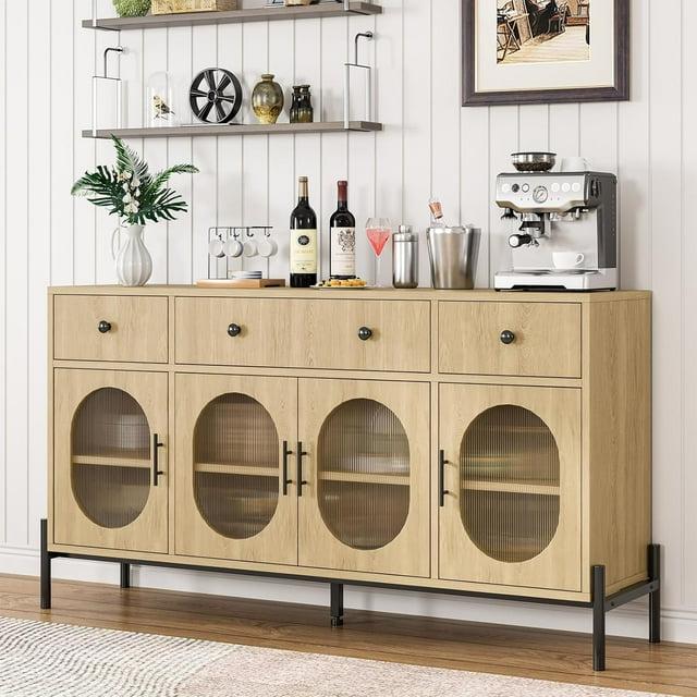 Kselythan Buffet Cabinet with Storage,62'' Large Sideboard Buffet Cabinet with 3 Drawers and 4 Fluted Glass Doors,Wooden Buffet Cabinet Coffee Bar Storage Cabinet Buffet Table for Dinning Room