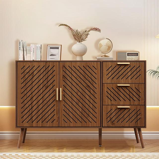 George Oliver Storage Cabinet With 3 Drawers & Double Doors, Kitchen Buffet Sideboard Cabinet,Wood Storage Organizer For Kitchen, Living Room, Dining Room, Brown & Reviews | Wayfair