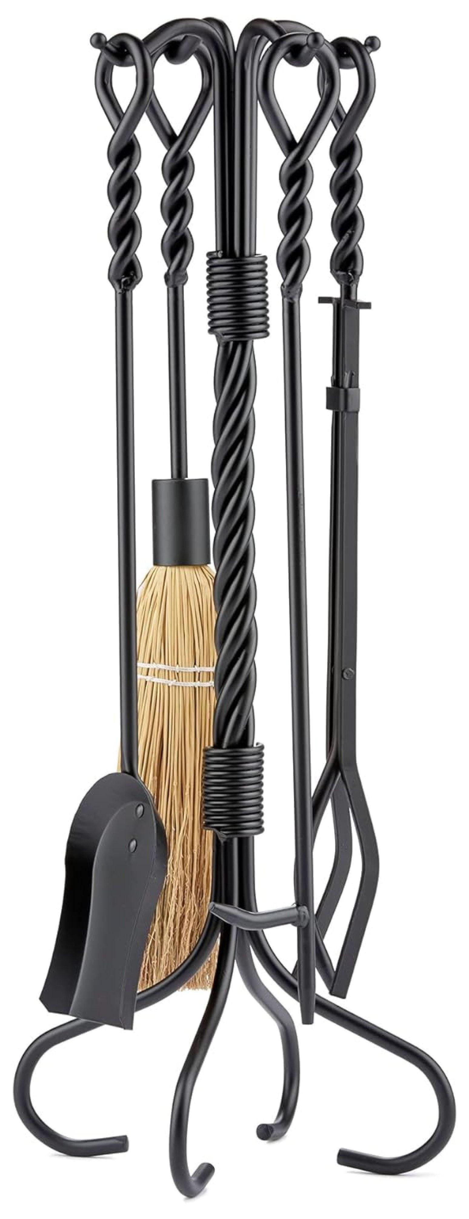 Dagan Black Wrought Iron 5-Piece Fireplace Tool Set with Twist Handles