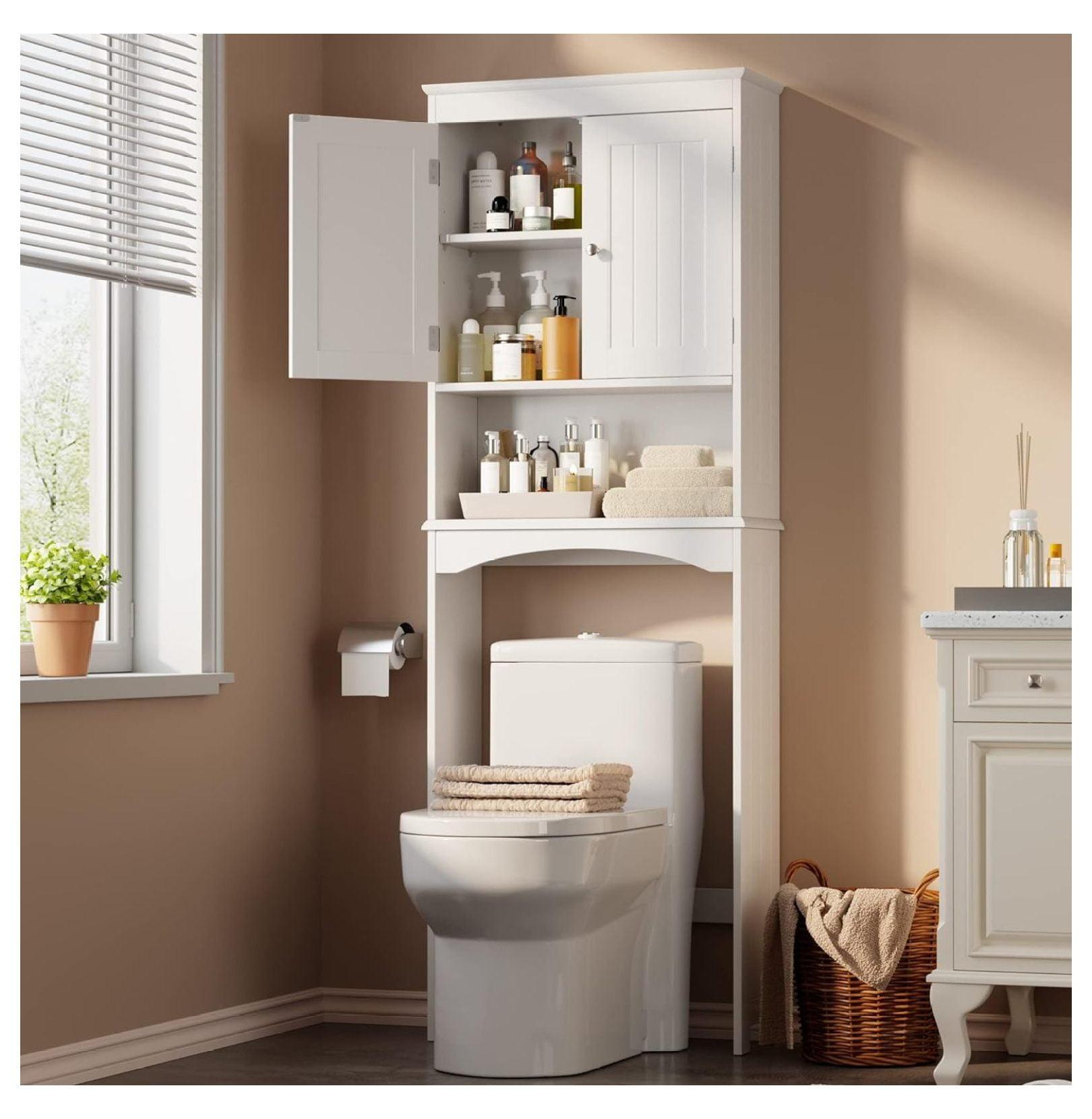 White Wooden Over-the-Toilet Storage Cabinet with Adjustable Shelf