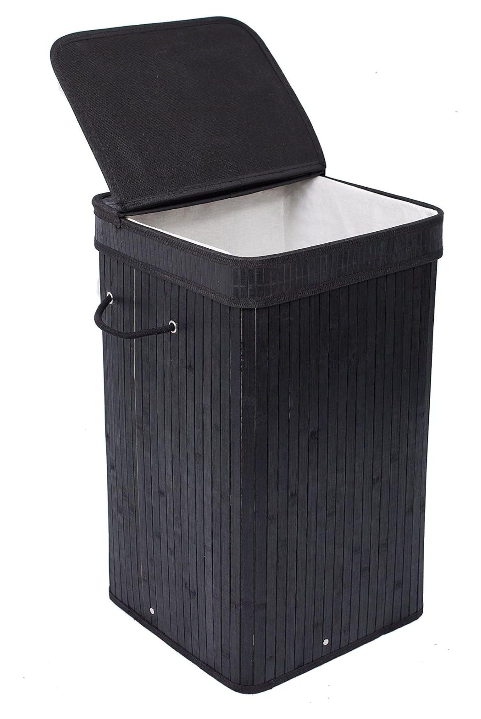 Black Bamboo Foldable Laundry Hamper with Lid and Handles