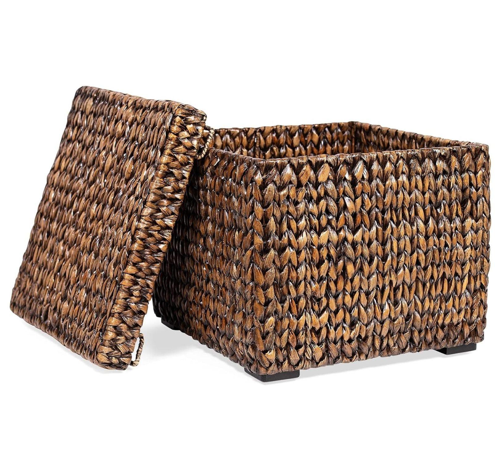 Storage Cube Box with Lid - Brown Wash Seagrass - Hand Woven Container for Blankets Pillows - Sturdy Metal Frame