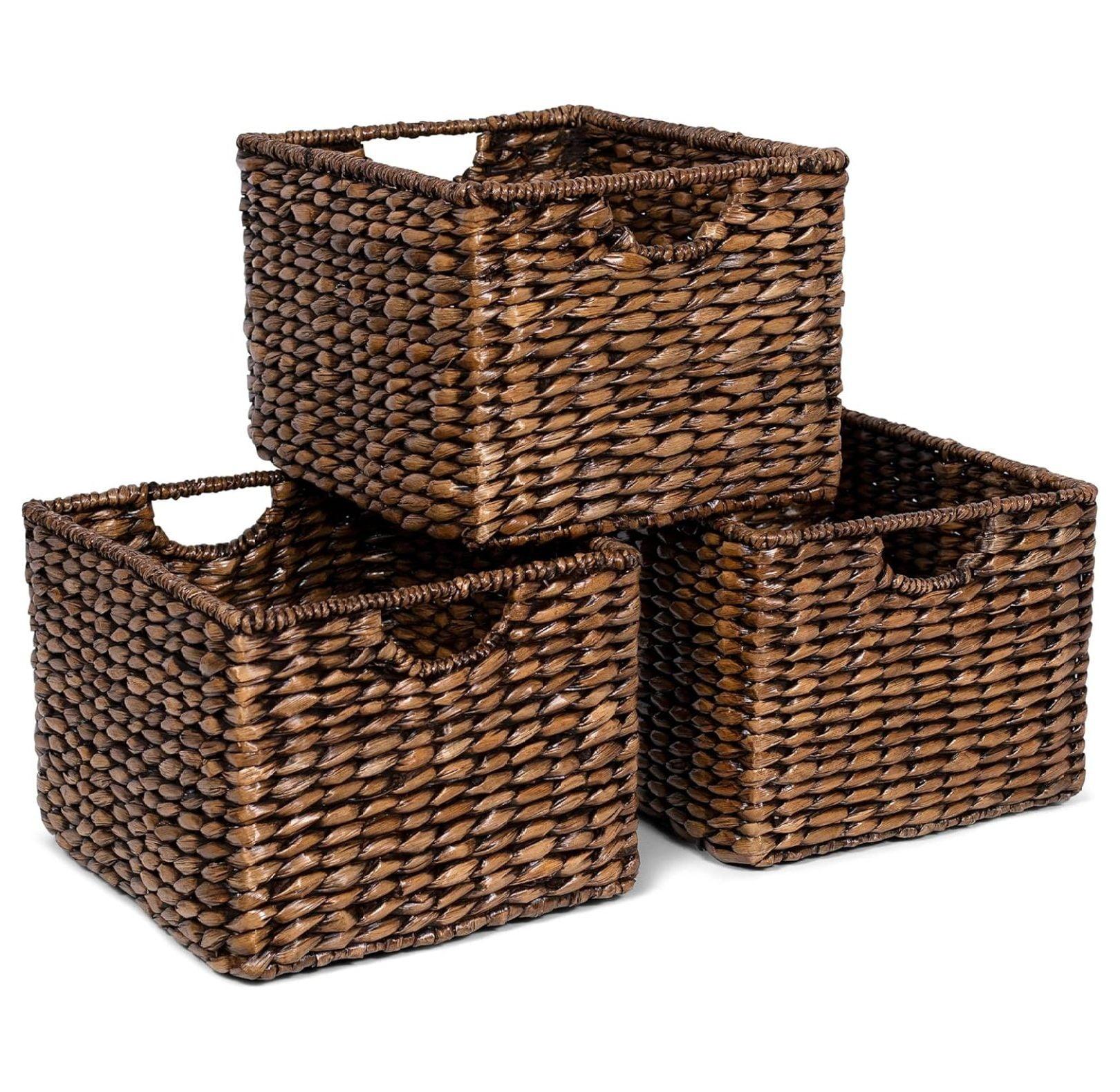 Storage Shelf Organizer Baskets with Handles - Set of 3 - Seagrass Wicker Basket - Pantry Living Room Office-Bathroom Shelves Organization - Under Shelf Basket - Handwoven (Natural)