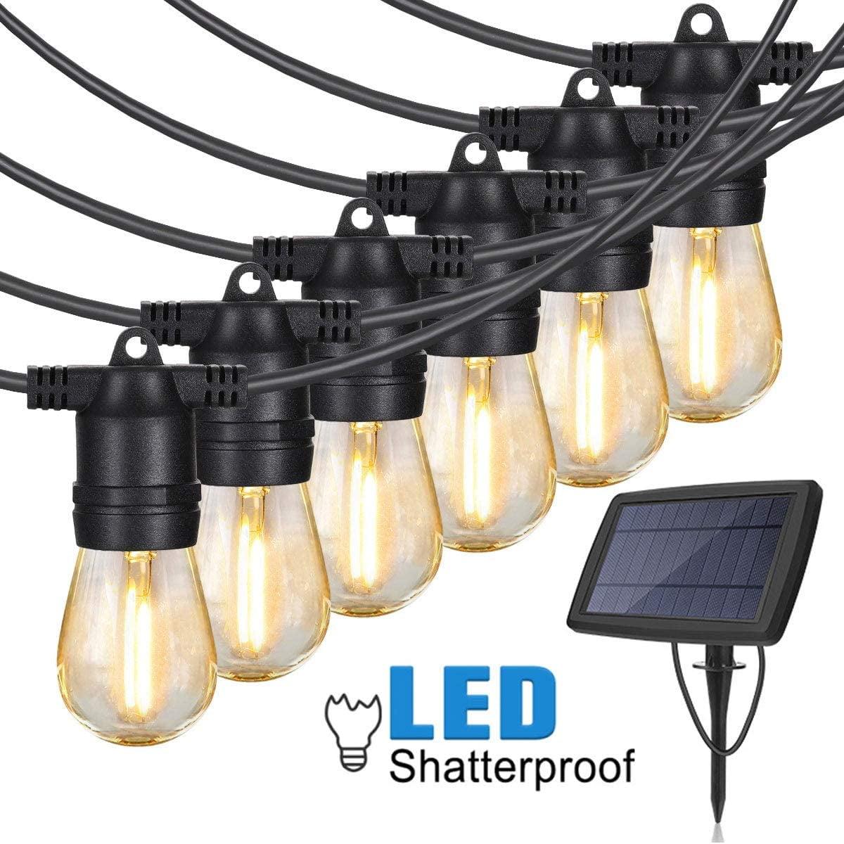 Yi Lighting 48ft Solar-Powered Outdoor String Lights with 15 LED Bulbs Weatherproof for Patio, Porch, Deck, Party Garden