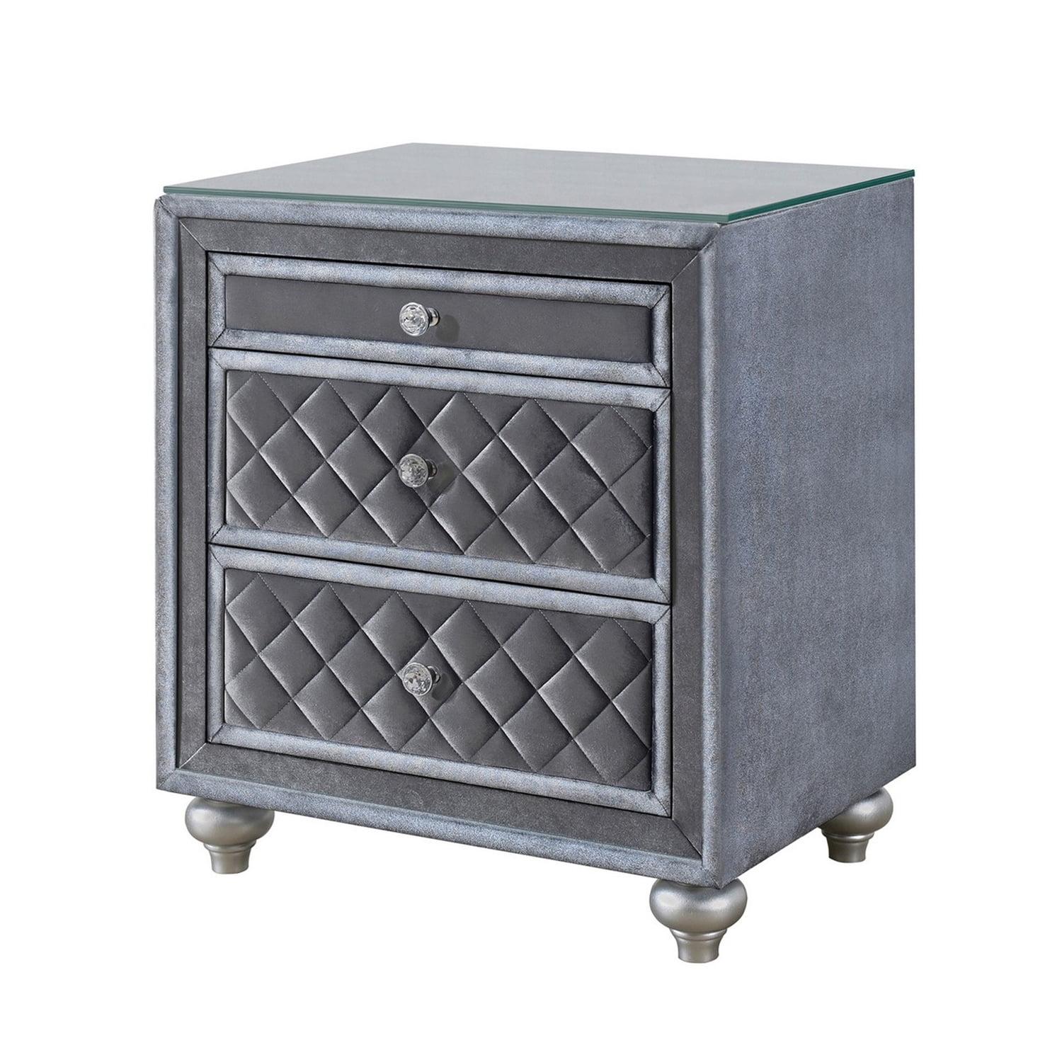 Benjara BM300868 30 in. Glass Top Crystal Knobs & Velvet Yin 3 Drawer Nightstand, Gray