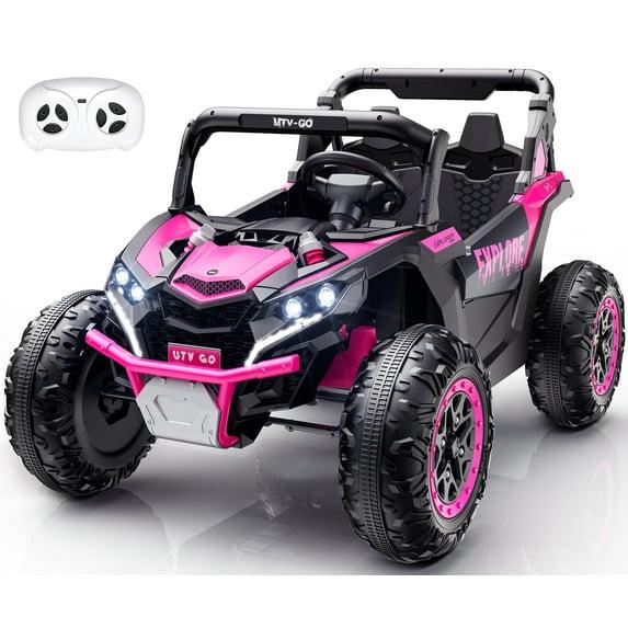 Yisufo 24V Kids Ride on Toys UTV with Remote Control,4WD 2 Seater Ride on Truck Car,7Ah Large Battery Electric Car with 3 Speed, LED Lights, Music for 3-8 Years Kids Pink