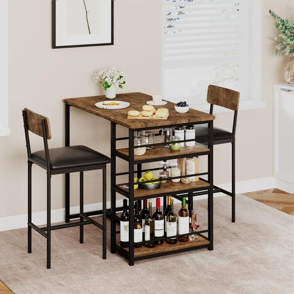 3-Piece Dining Table Set for 2 with Upholstered Bar Chairs, Kitchen Bar Table Set with 3 Storage Shelves, Space-Saving Furniture for Small Spaces, Apartment, Studio, Breakfast Nook
