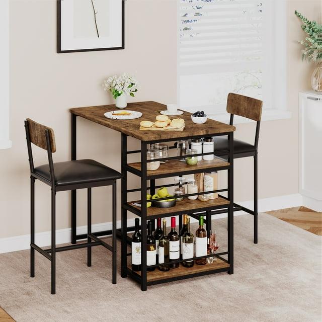 3-Piece Dining Table Set for 2 with Upholstered Bar Chairs, Kitchen Bar Table Set with 3 Storage Shelves, Space-Saving Furniture for Small Spaces, Apartment, Studio, Breakfast Nook