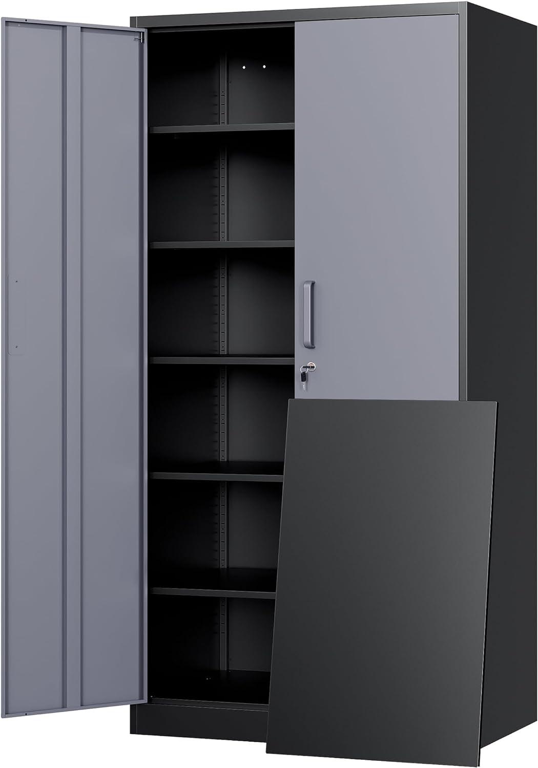 72" Black and Gray Steel Storage Cabinet with Lockable Doors