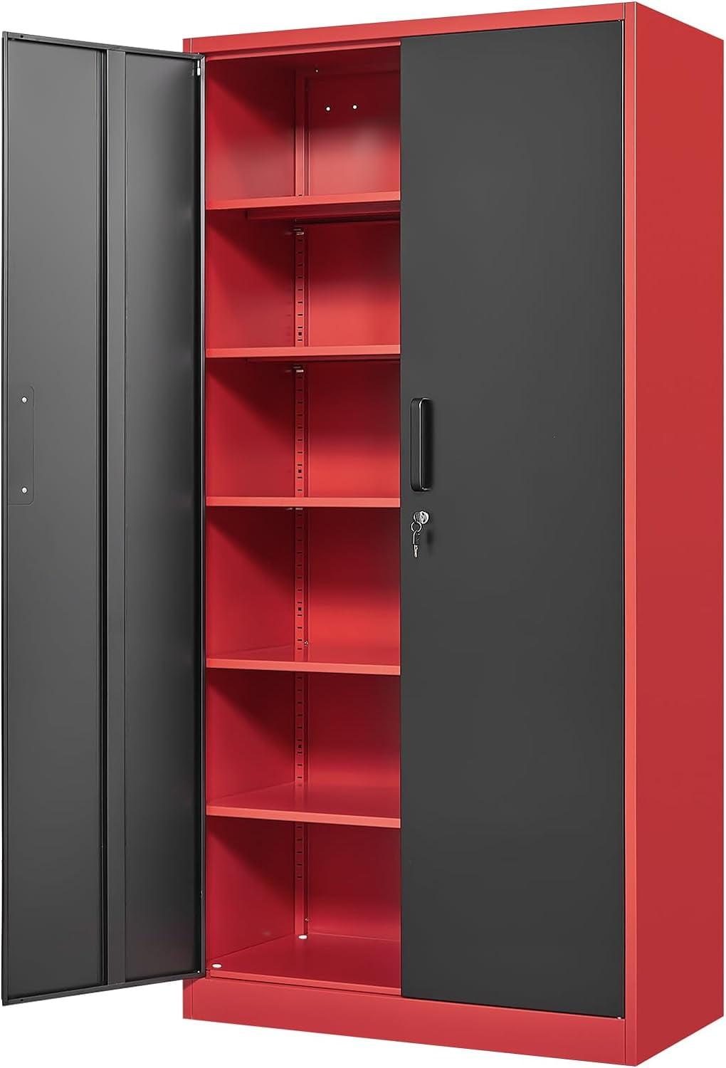 Red Black Steel Lockable Office Storage Cabinet with Adjustable Shelves