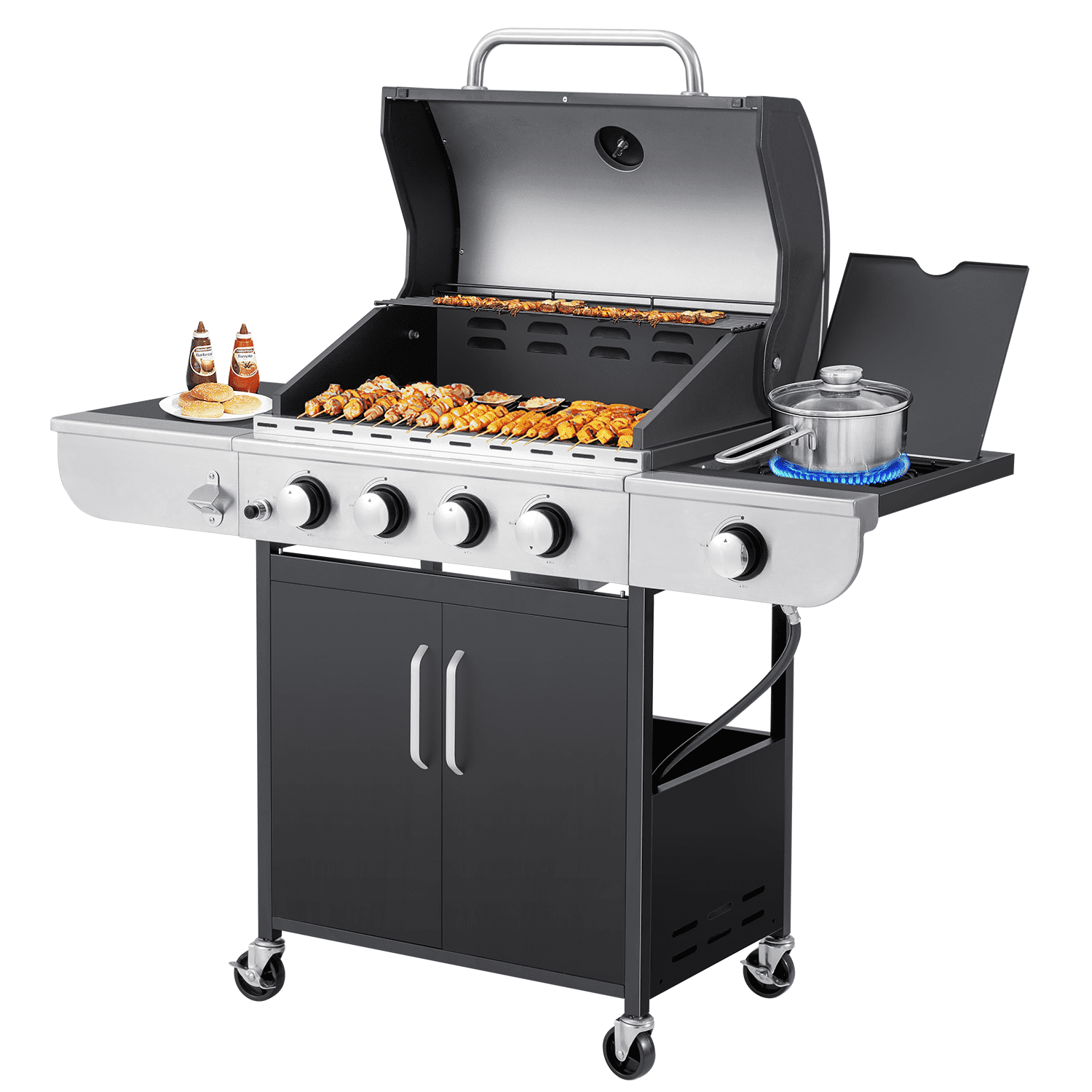 Stainless Steel 4-Burner Propane Gas Grill with Side Burner