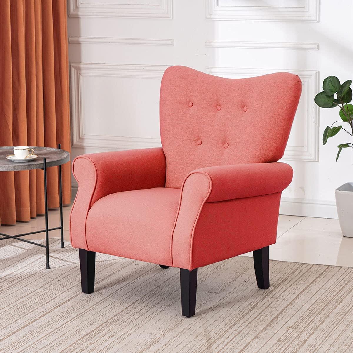 Coral Red Linen Barrel Accent Chair with Wood Legs