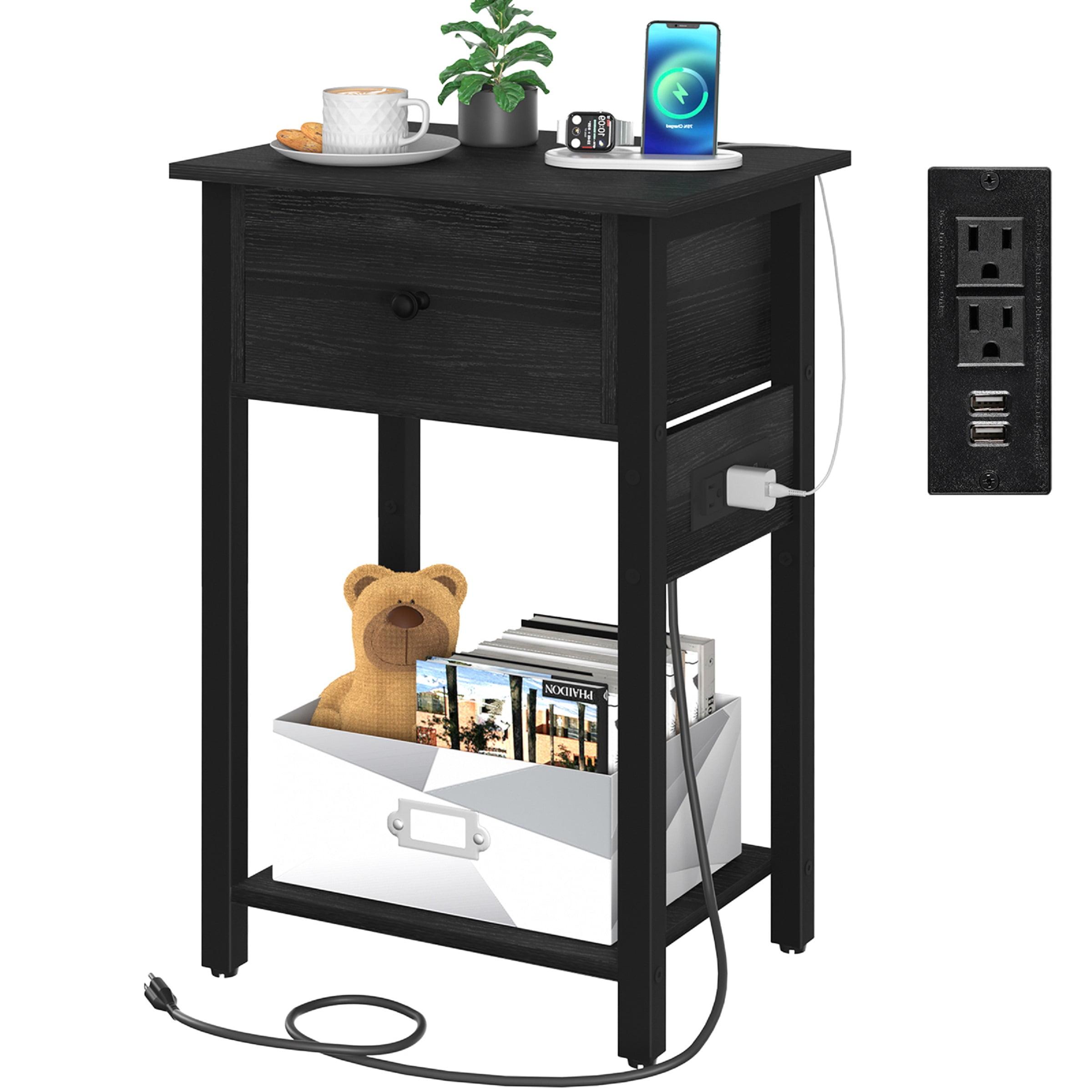 Nightstand End Table with Charging Station, USB Ports, Drawer and Storage Shelf, Black