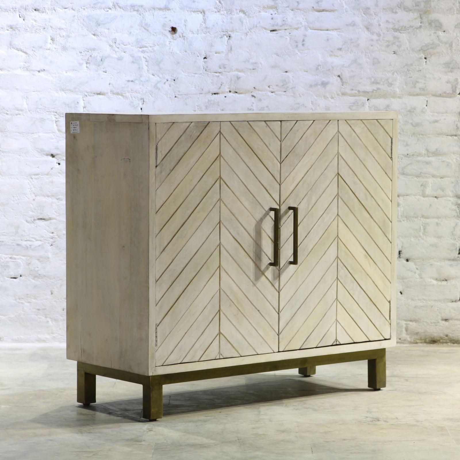 Gray Chevron Pattern Solid Wood Accent Cabinet with Brass Hardware